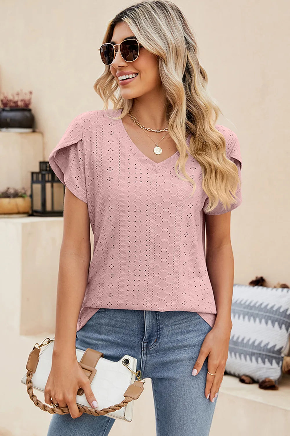 Eyelet V-Neck Petal Sleeve T-Shirt – Trendsi | ClozArt