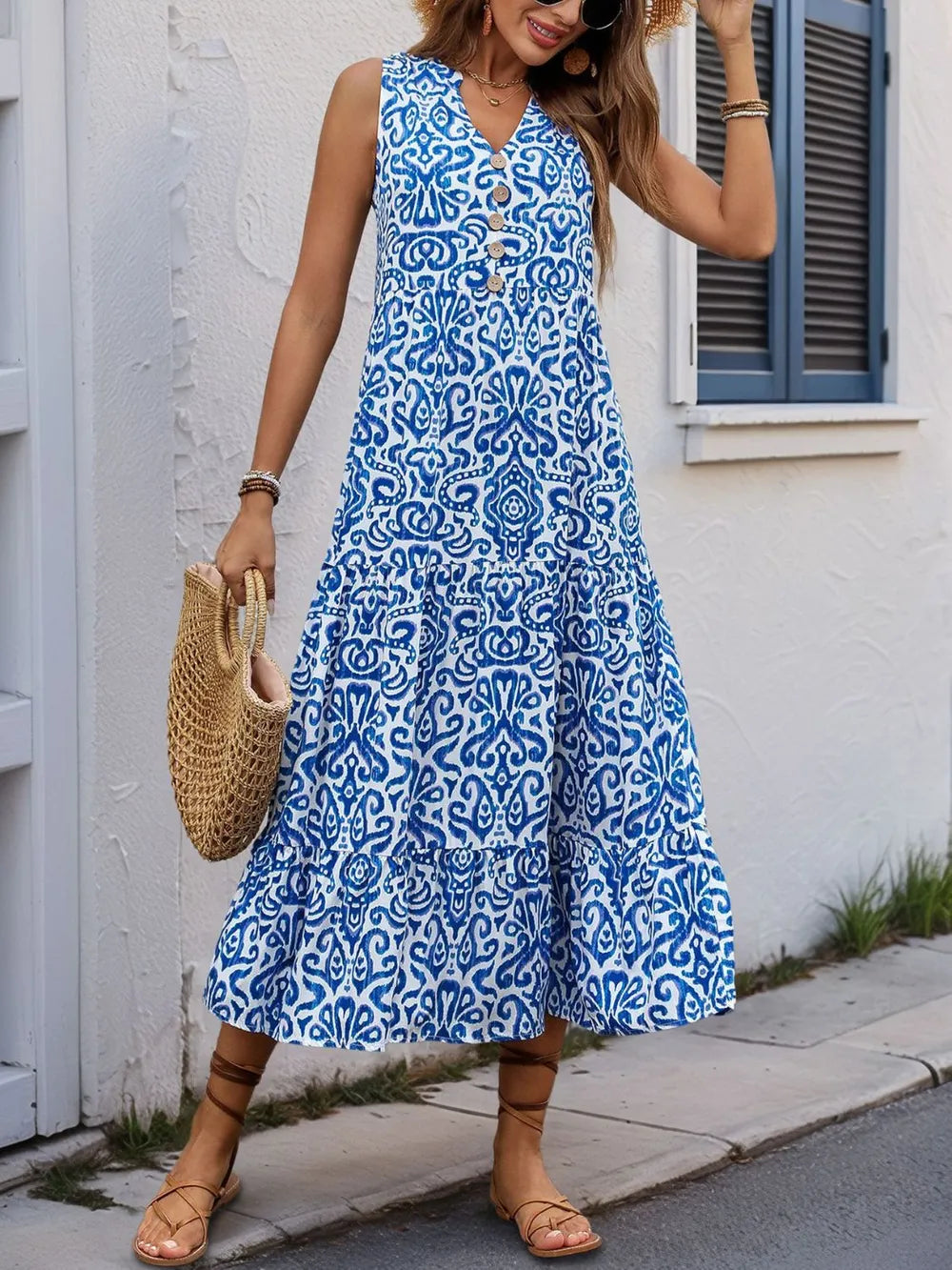 Perfee Decorative Button Printed Notched Sleeveless Midi Dress – Trendsi | ClozArt