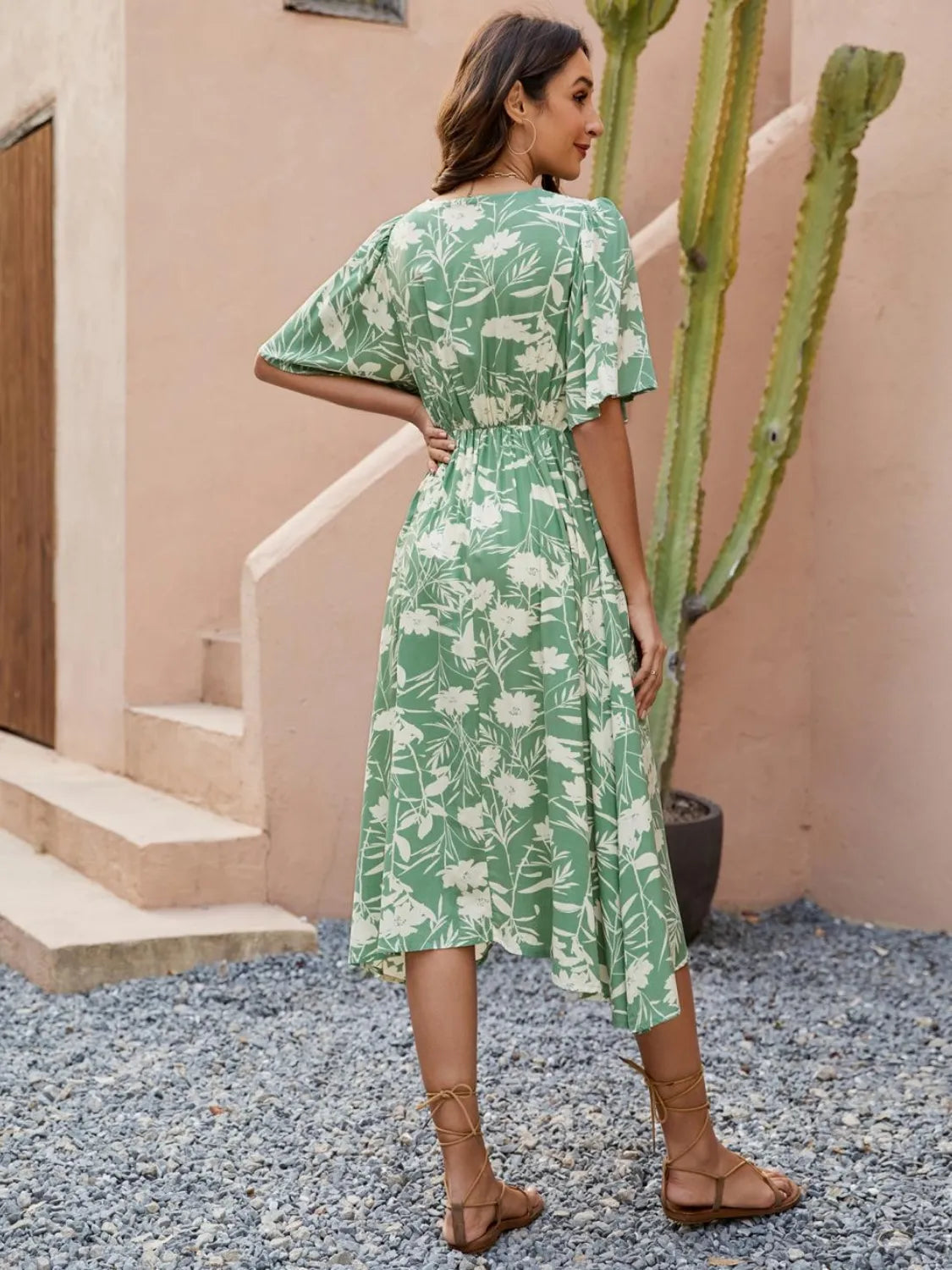 Printed V-Neck Flutter Sleeve Dress – Trendsi | ClozArt