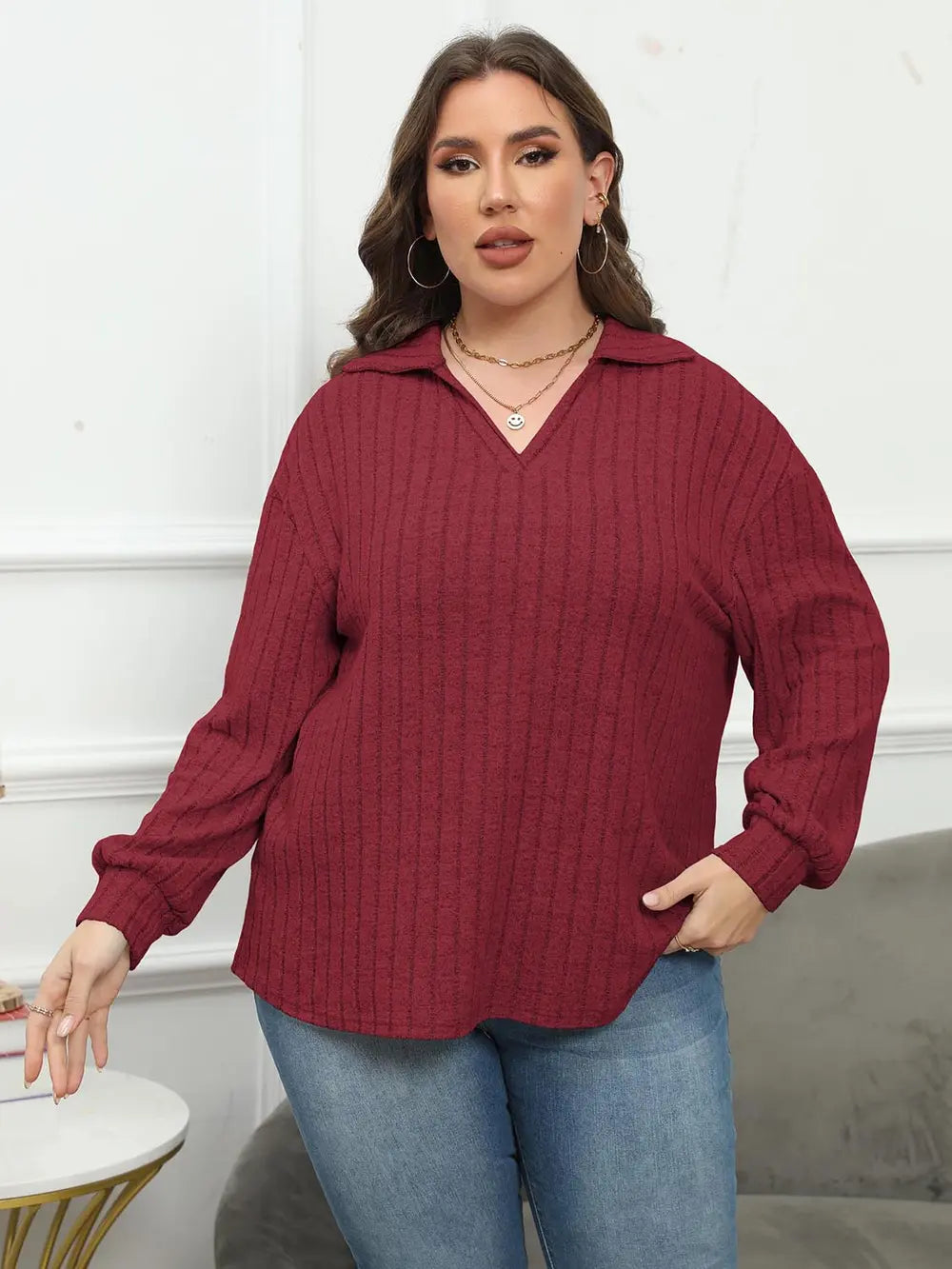 Plus Size Ribbed Collared Neck Long Sleeve Blouse – Trendsi | ClozArt