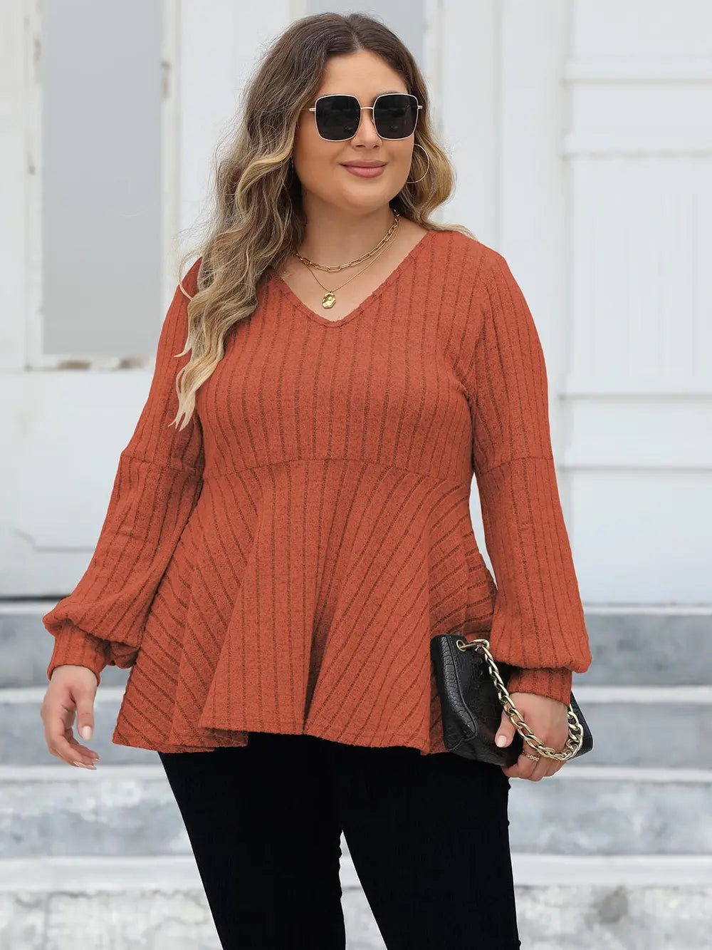 Plus Size Ribbed V-Neck Long Sleeve Blouse – Trendsi | ClozArt