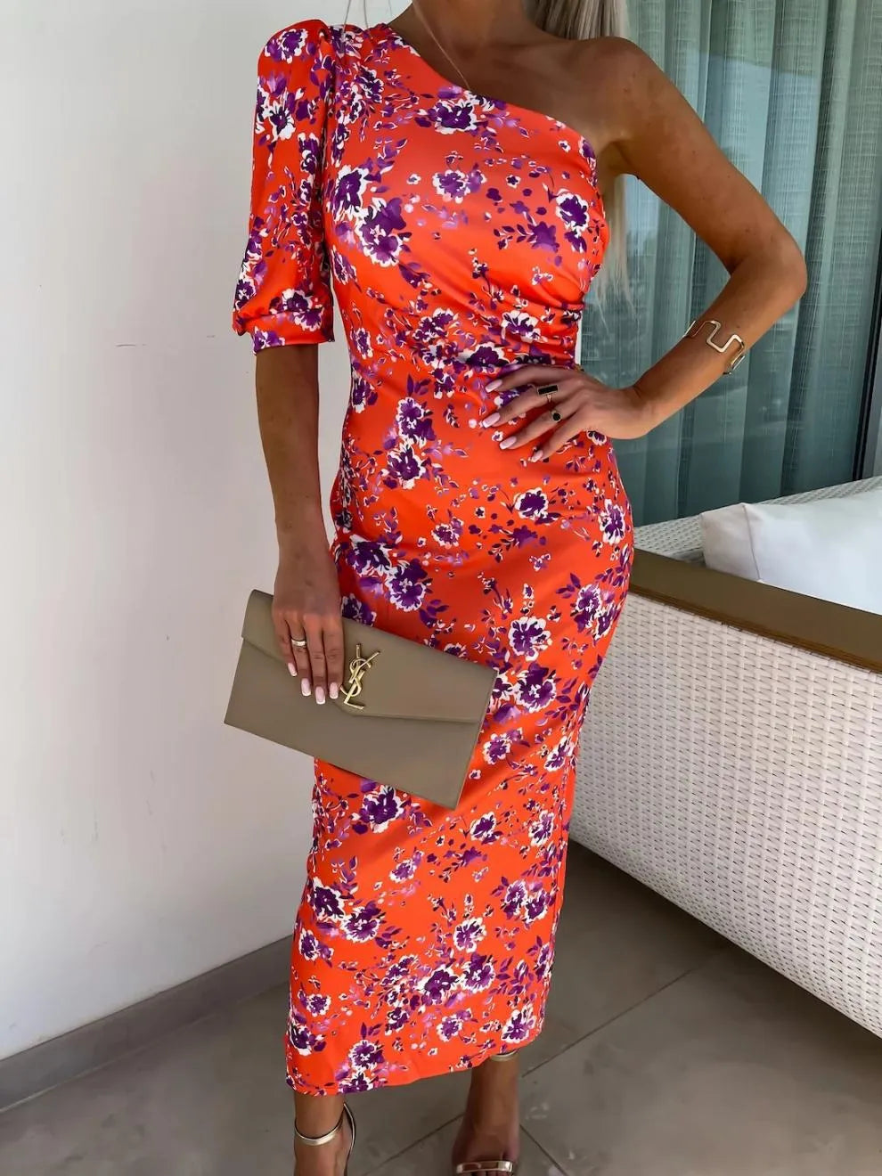 Slit Printed Single Shoulder Midi Dress – Trendsi | ClozArt