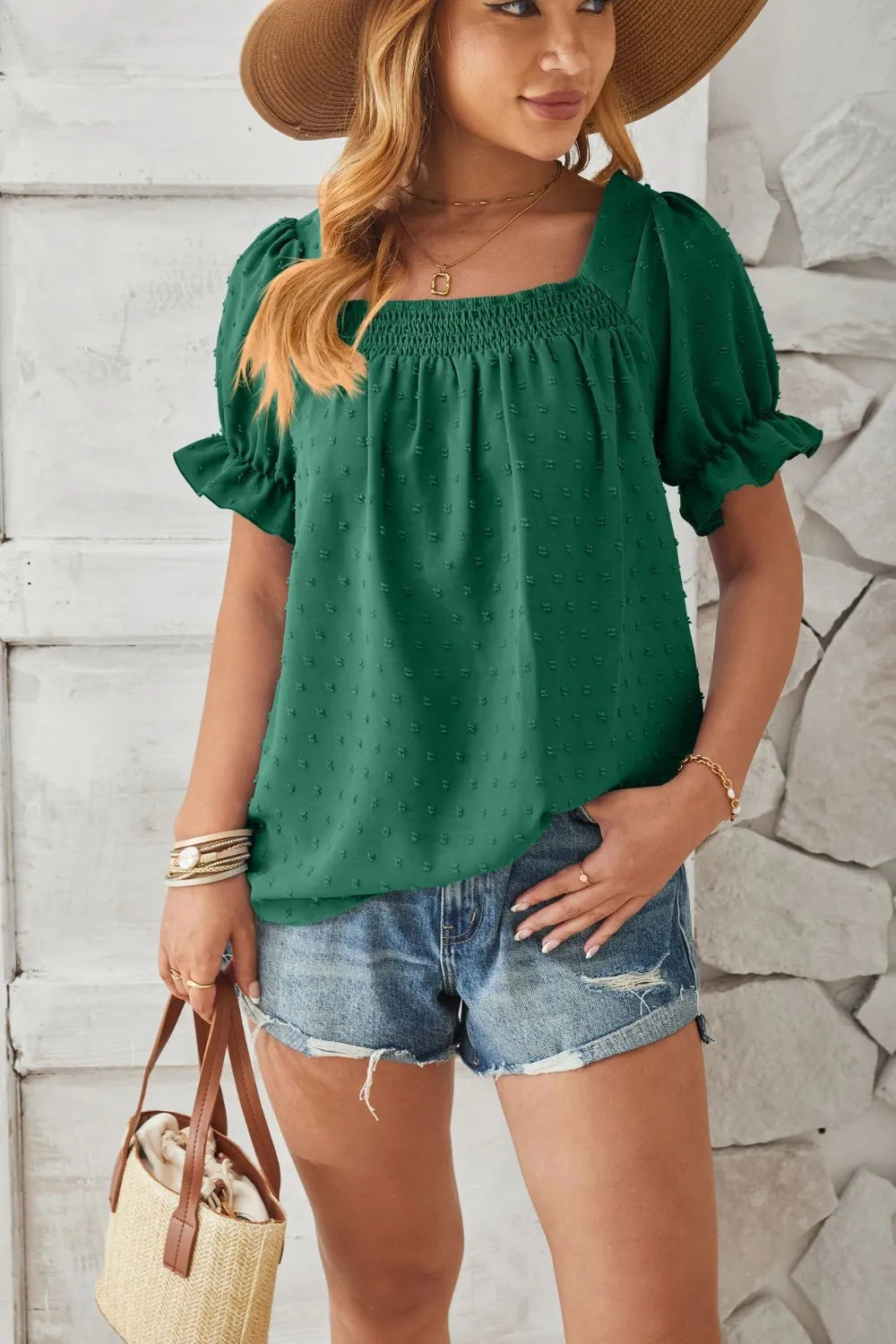 Swiss Dot Smocked Square Neck Short Sleeve T-Shirt – Trendsi | ClozArt