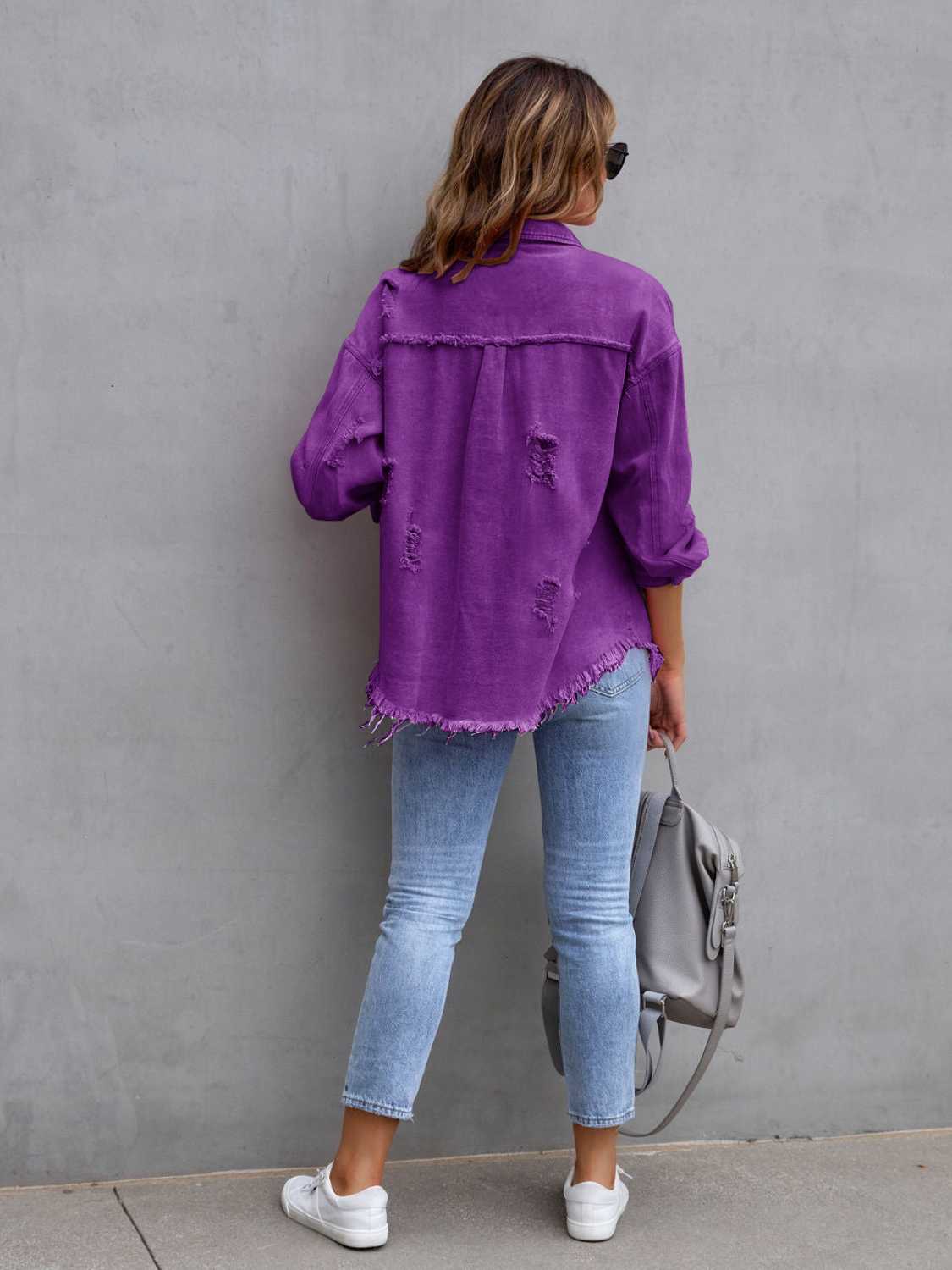 Distressed Drop Shoulder Denim Jacket – Trendsi | ClozArt