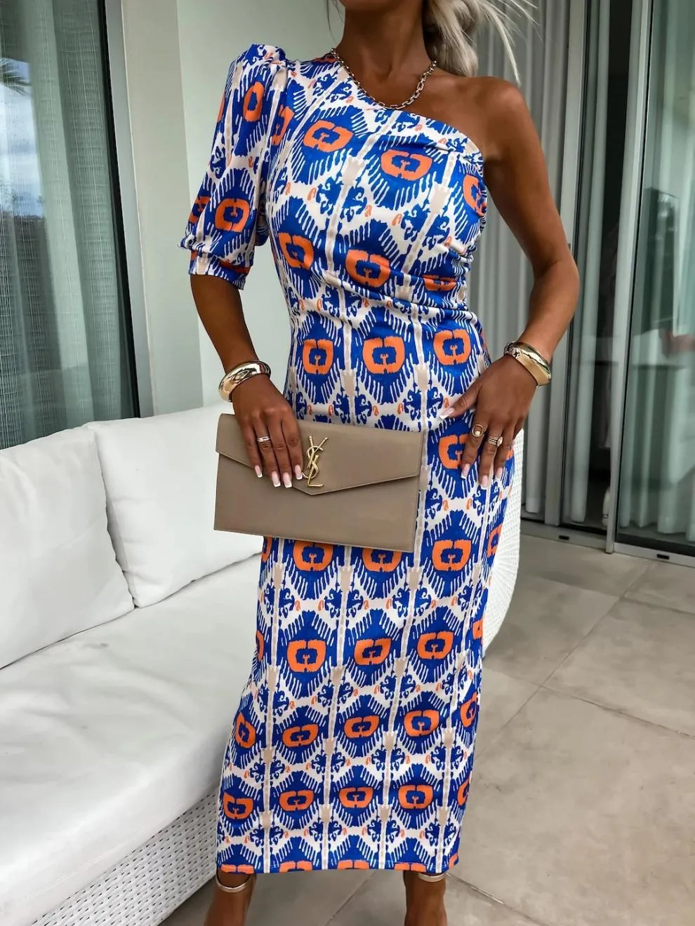 Slit Printed Single Shoulder Midi Dress – Trendsi | ClozArt