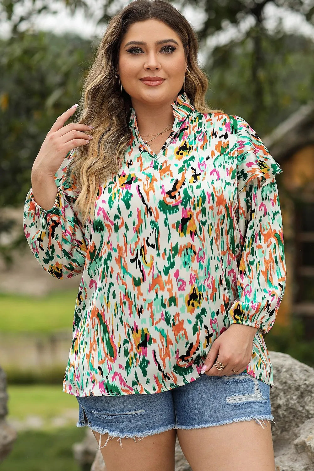 Plus Size Printed Ruffle Trim Long Sleeve Blouse – Trendsi | ClozArt