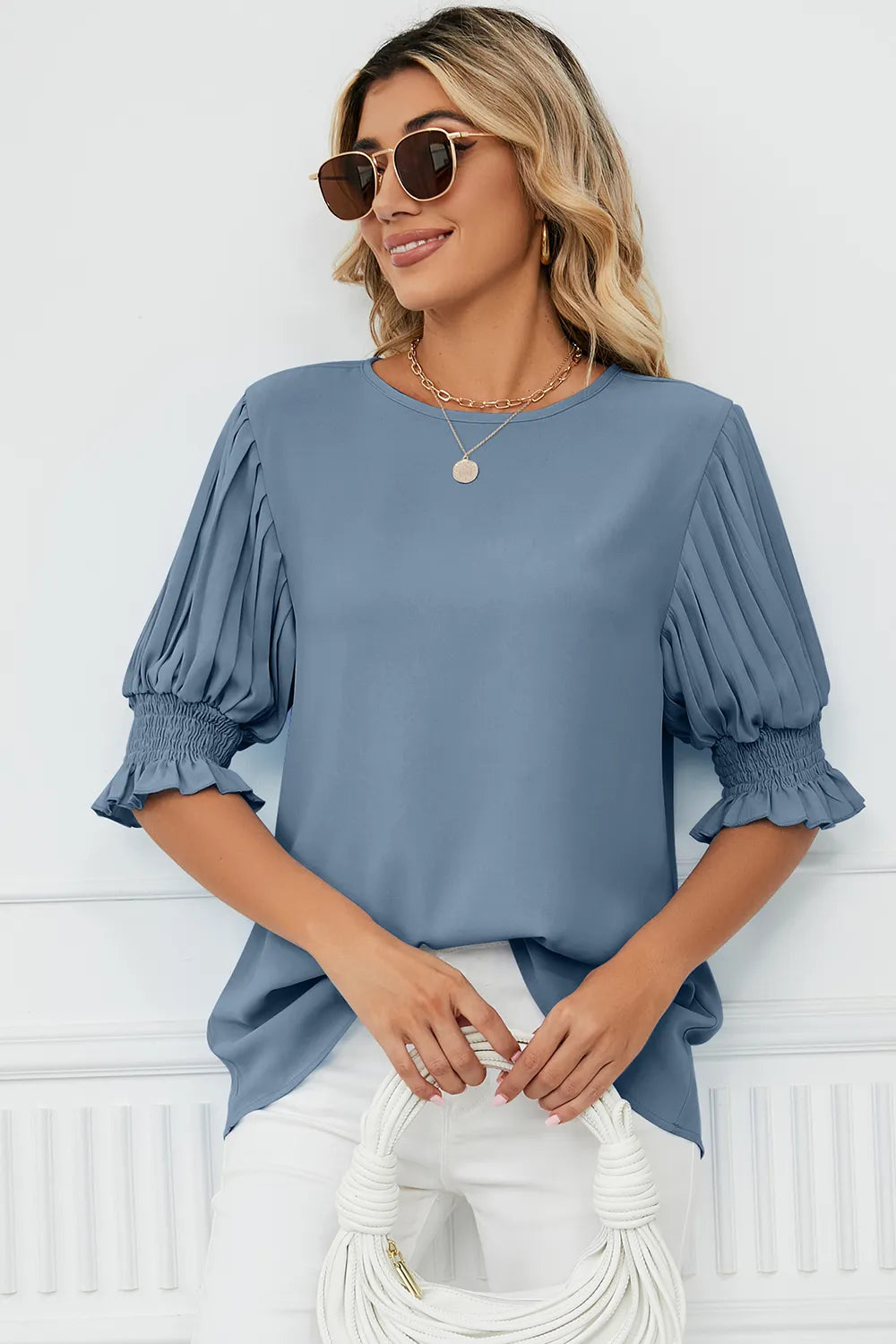 Frill Round Neck Lantern Sleeve T-Shirt – Trendsi | ClozArt