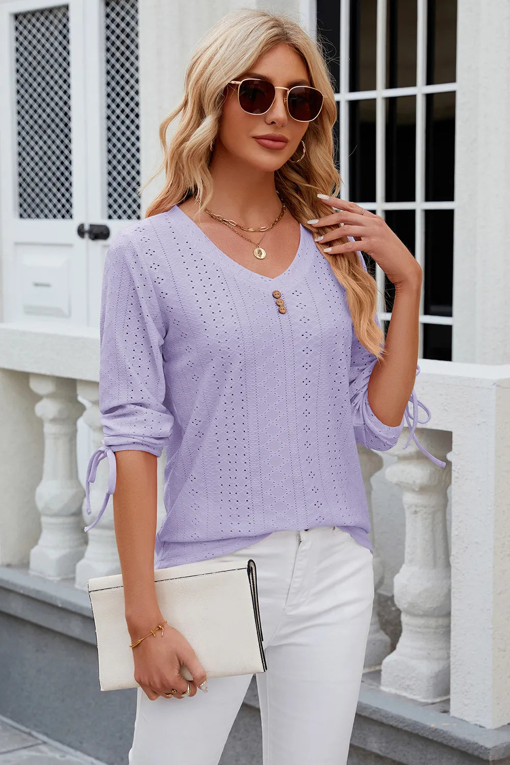 Eyelet Drawstring V-Neck Half Sleeve T-Shirt – Trendsi | ClozArt