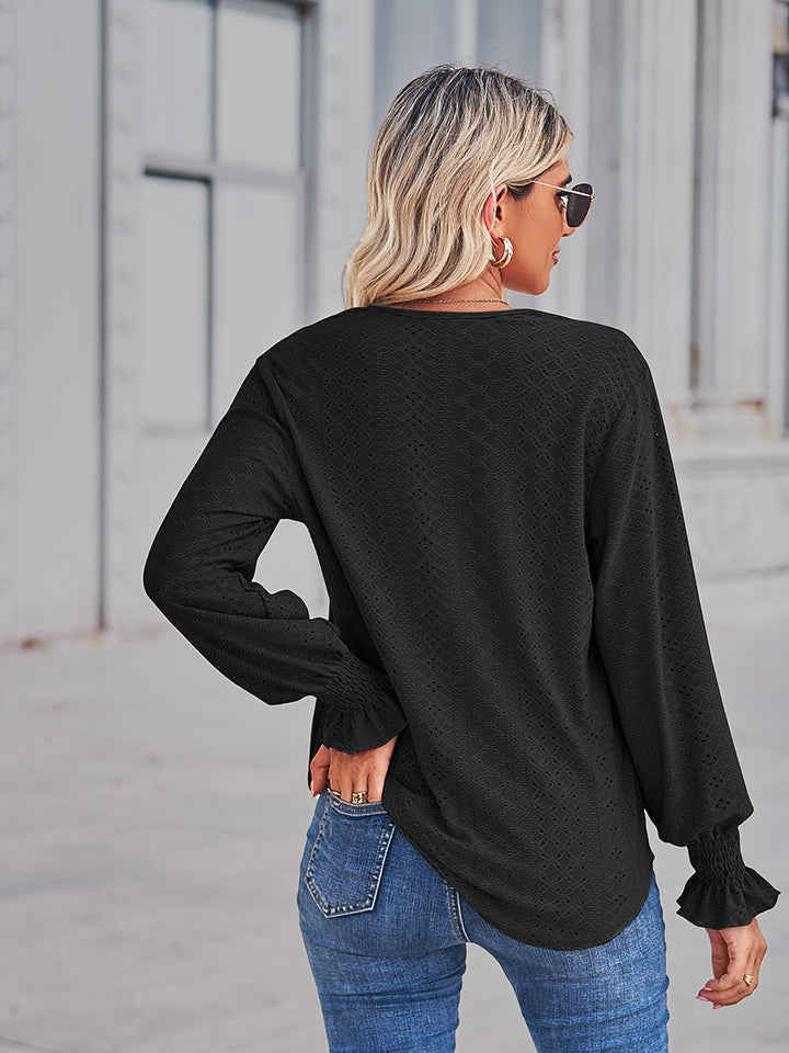 V-Neck Eyelet Flounce Sleeve Blouse – Trendsi | ClozArt