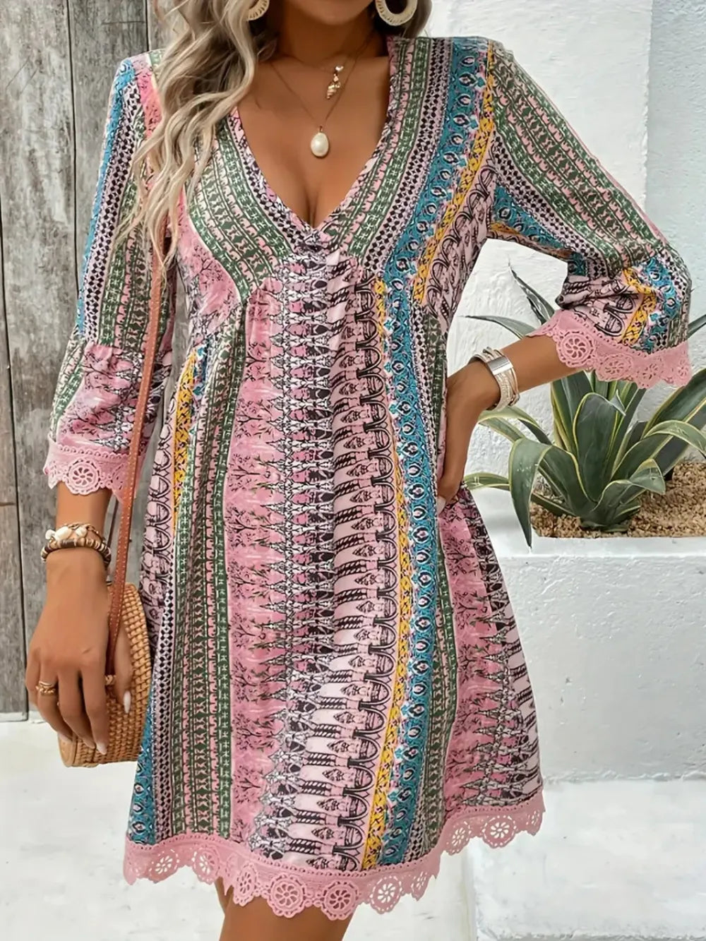 Lace Trim Printed V-Neck 3/4 Sleeve Dress – Trendsi | ClozArt