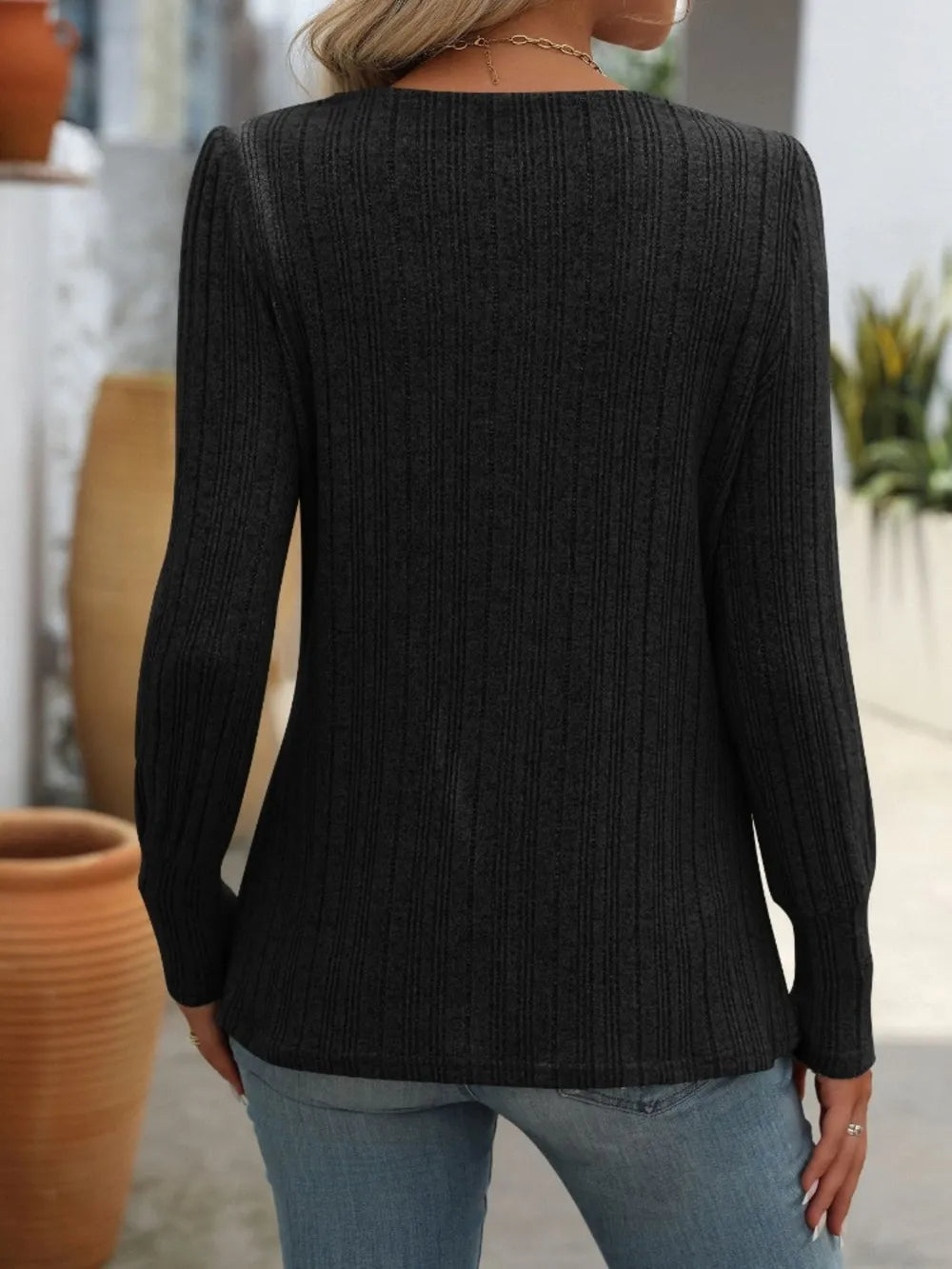 Mandy Decorative Button Striped Square Neck Long Sleeve T-Shirt – Trendsi | ClozArt