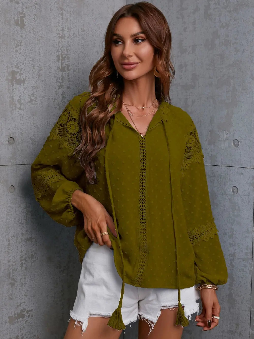 Crochet Tassel Tie Neck Long Sleeve Blouse – Trendsi | ClozArt