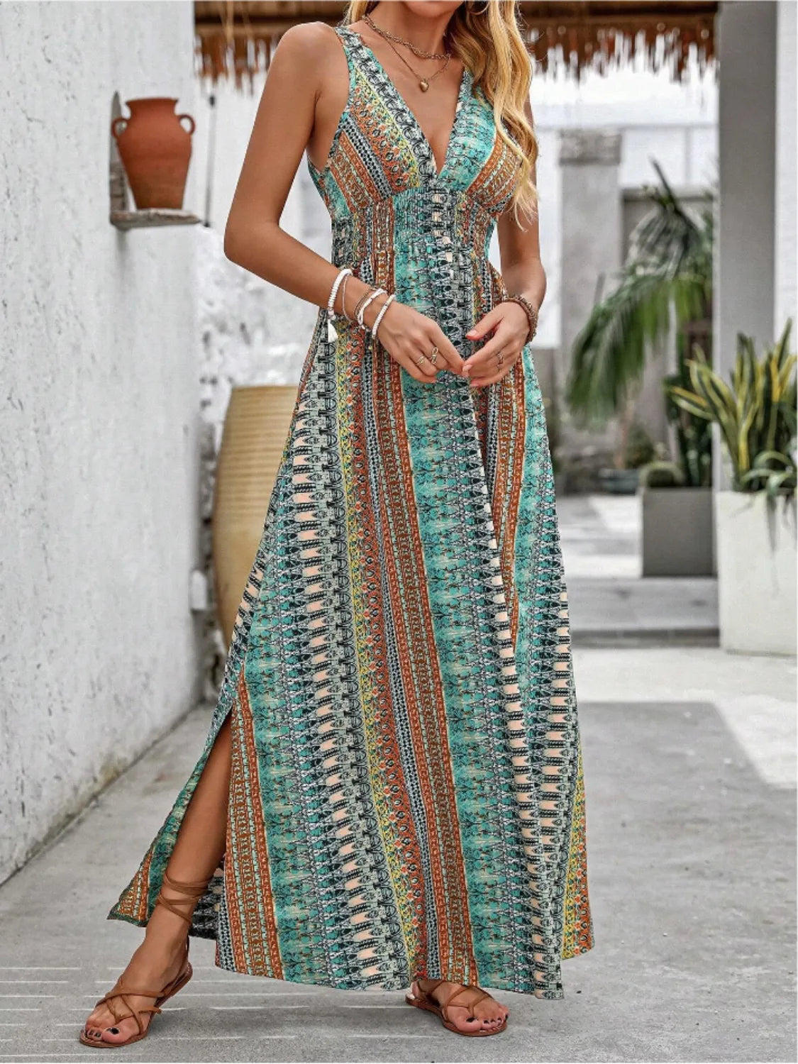 Tied Back Printed Sleeveless Maxi Slit Dress – Trendsi | ClozArt