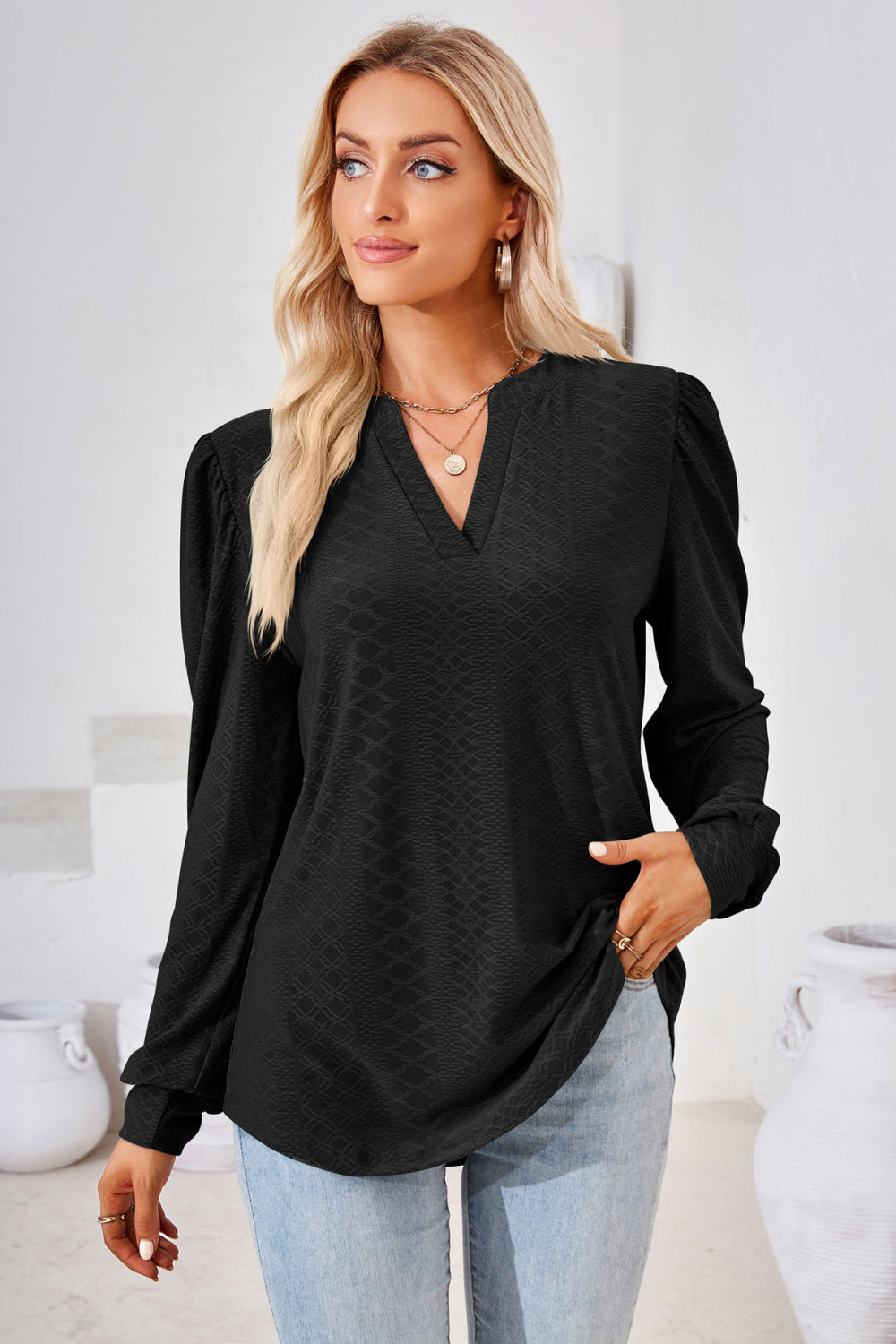 V-Neck Puff Sleeve Blouse – Trendsi | ClozArt