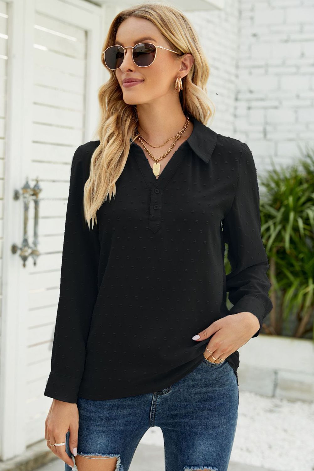 Swiss Dot Johnny Collar Blouse – Trendsi | ClozArt
