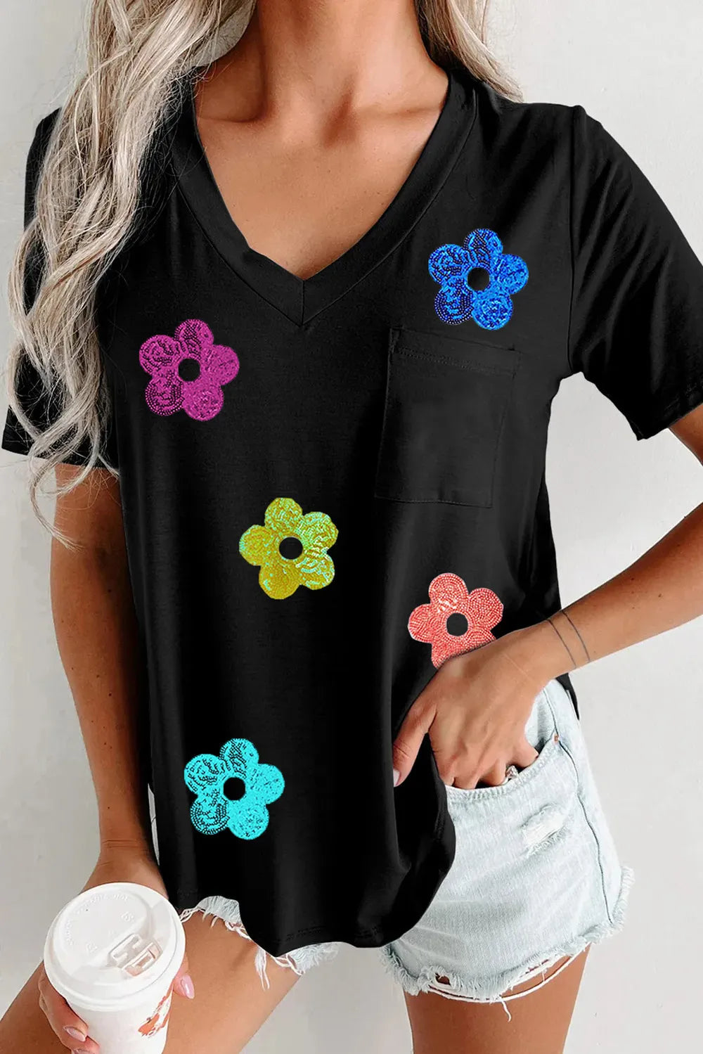 Sequin Flower V-Neck Short Sleeve T-Shirt – Trendsi | ClozArt