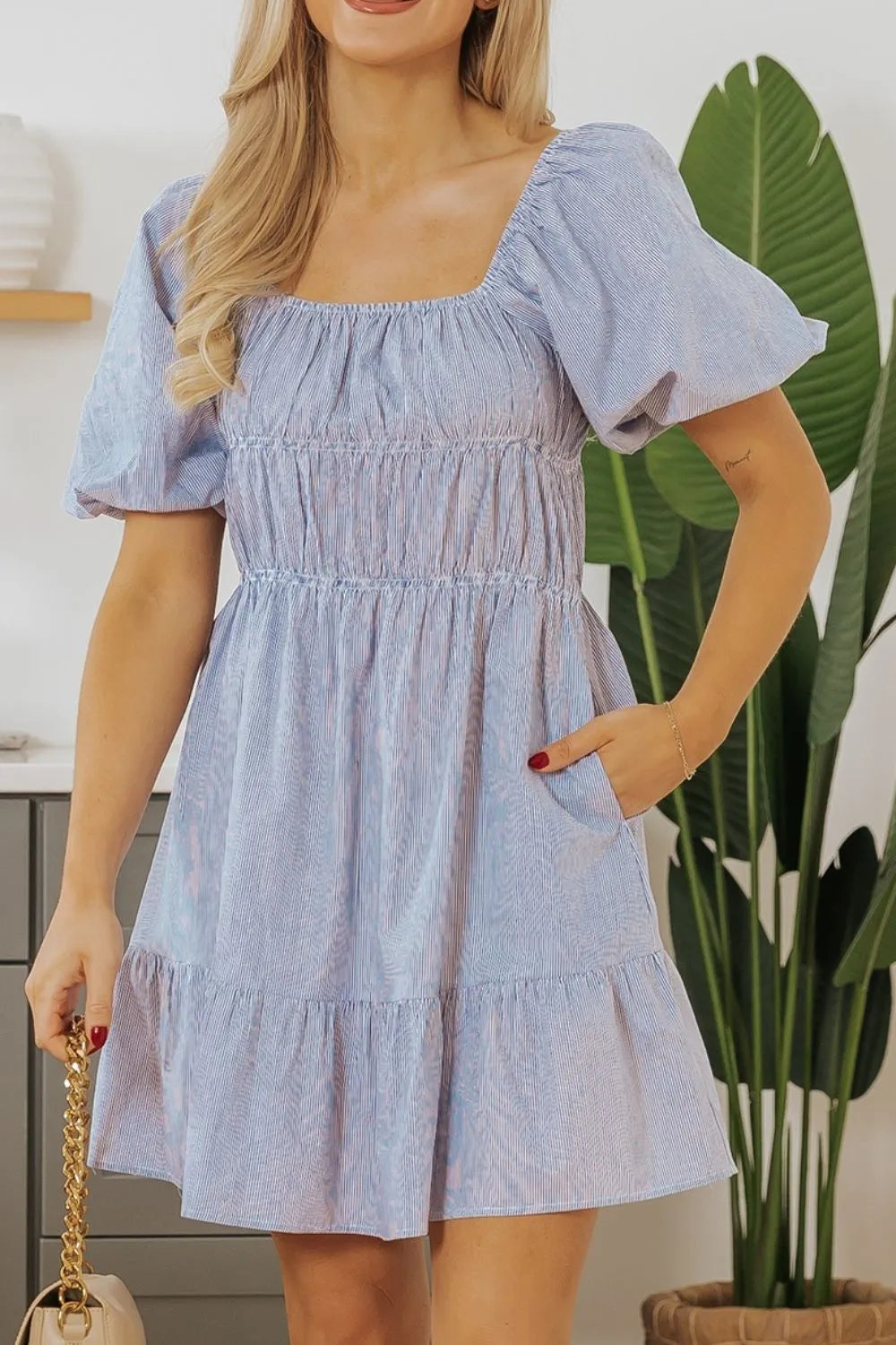 Striped Bubble Sleeve Ruched Babydoll Dress – Trendsi | ClozArt