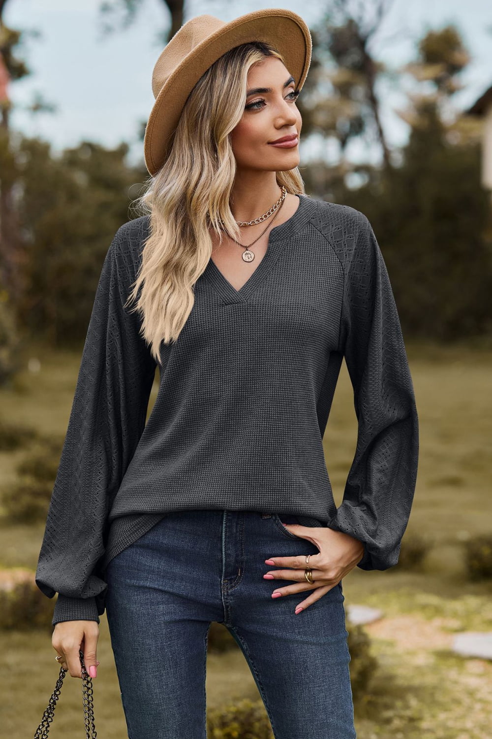 Notched Neck Raglan Sleeve Blouse – Trendsi | ClozArt
