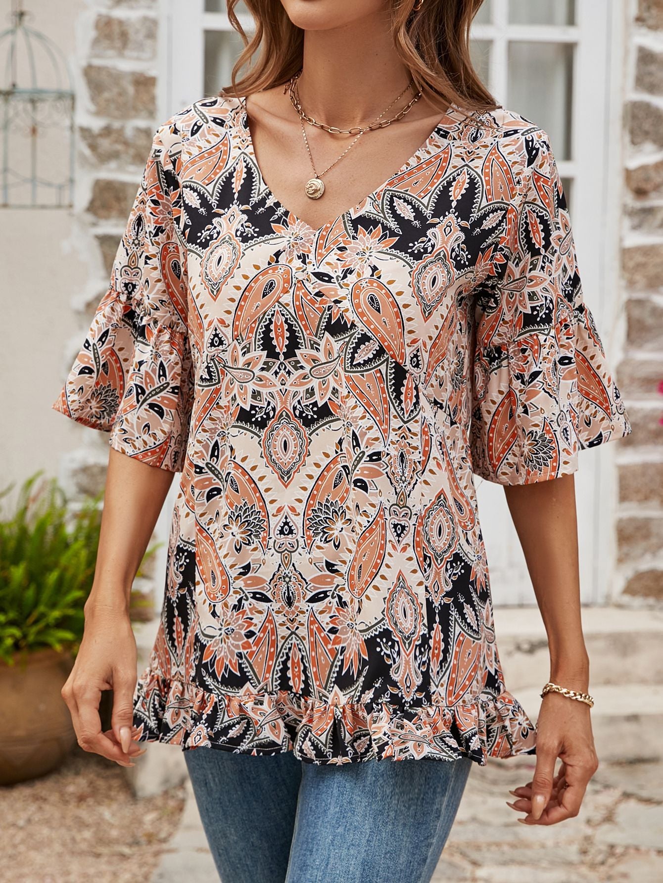 Printed Flounce Sleeve Ruffle Hem Blouse – Trendsi | ClozArt
