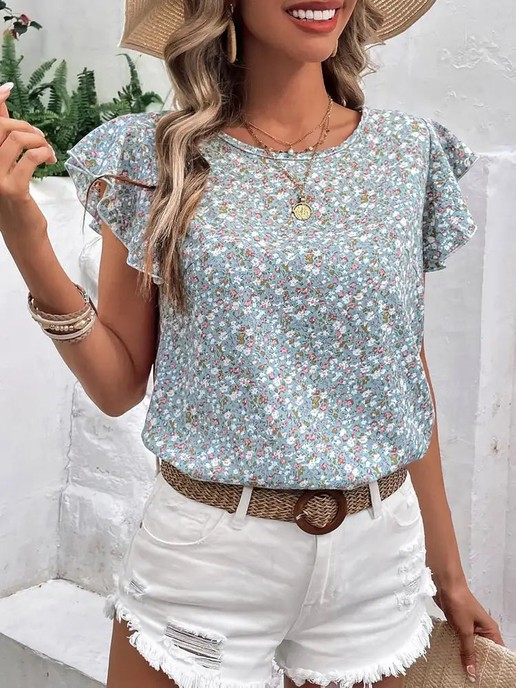 Ditsy Floral Round Neck Cap Sleeve Top – Trendsi | ClozArt