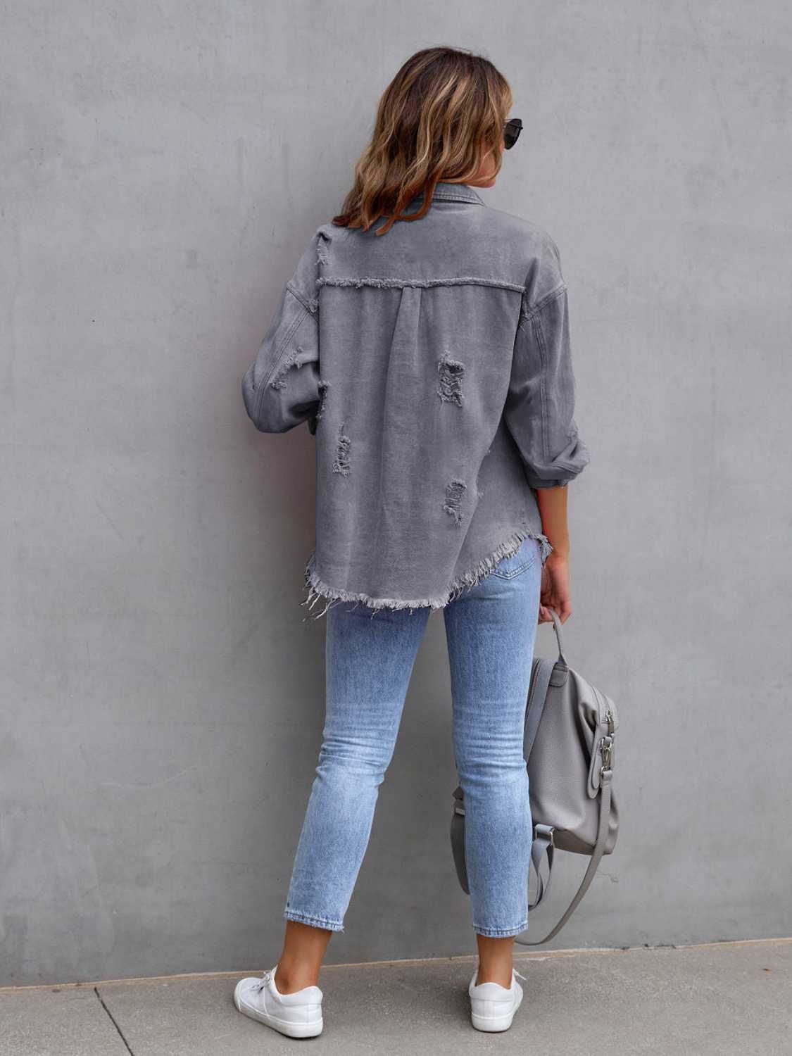 Distressed Drop Shoulder Denim Jacket – Trendsi | ClozArt