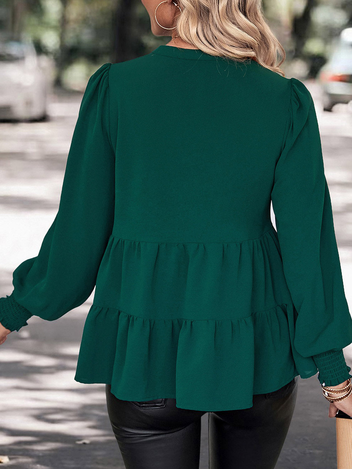 Perfee Notched Neck Lantern Sleeve Blouse – Trendsi | ClozArt