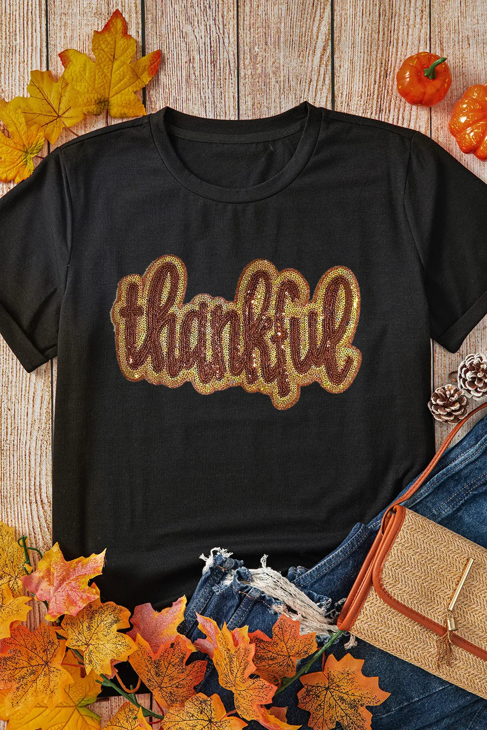 THANKFUL Sequin Round Neck Short Sleeve T-Shirt – Trendsi | ClozArt