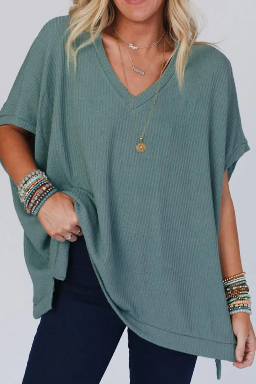 Oversized Ribbed Knit V Neck Dolman Short Sleeve Top – Trendsi | ClozArt