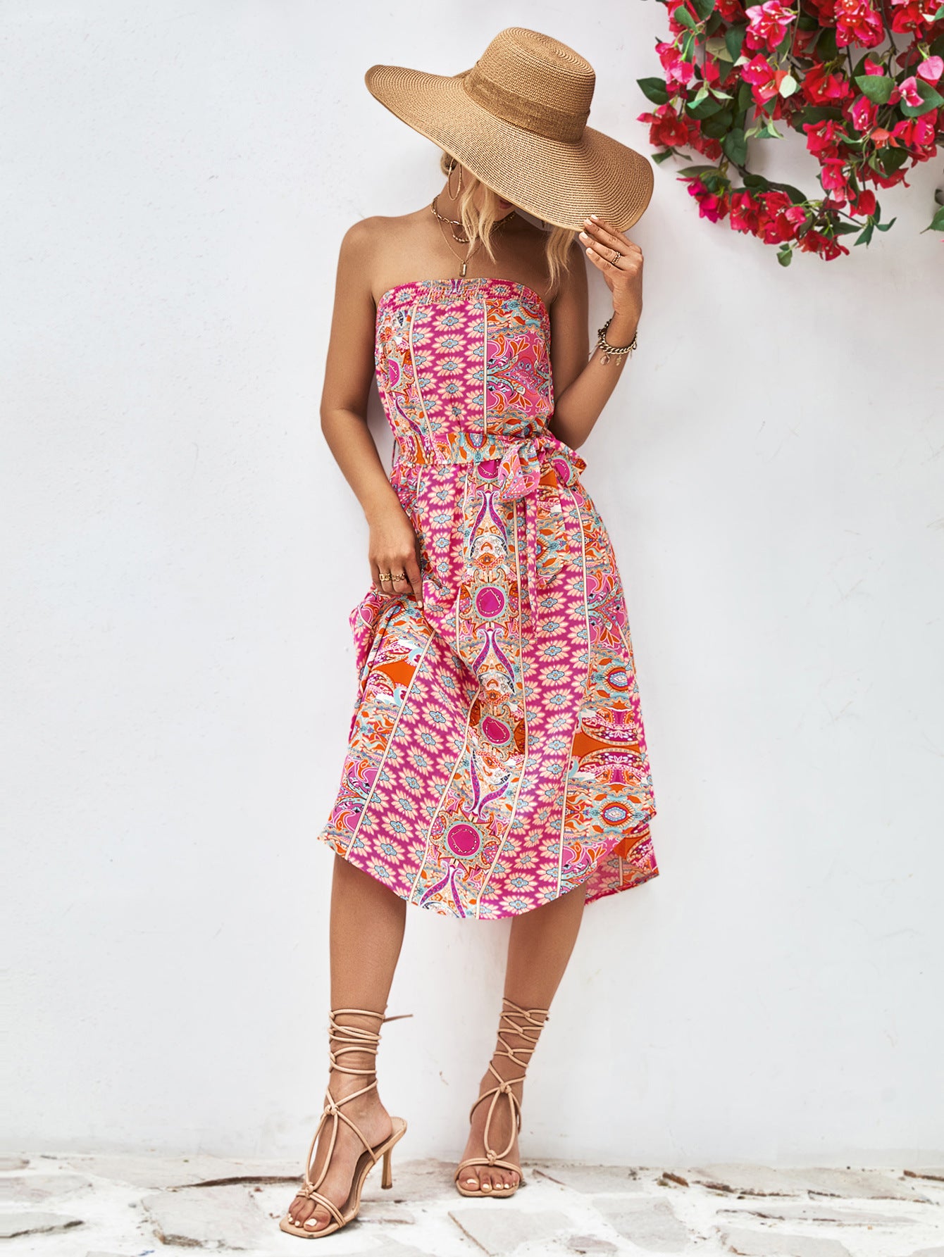 Printed Strapless Tie Belt Dress – Trendsi | ClozArt