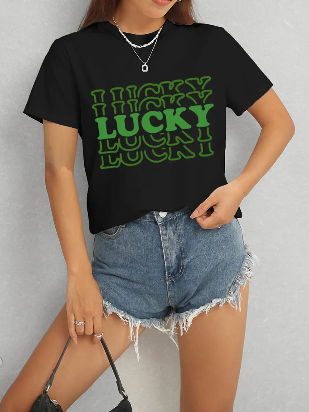 LUCKY Round Neck Short Sleeve T-Shirt – Trendsi | ClozArt
