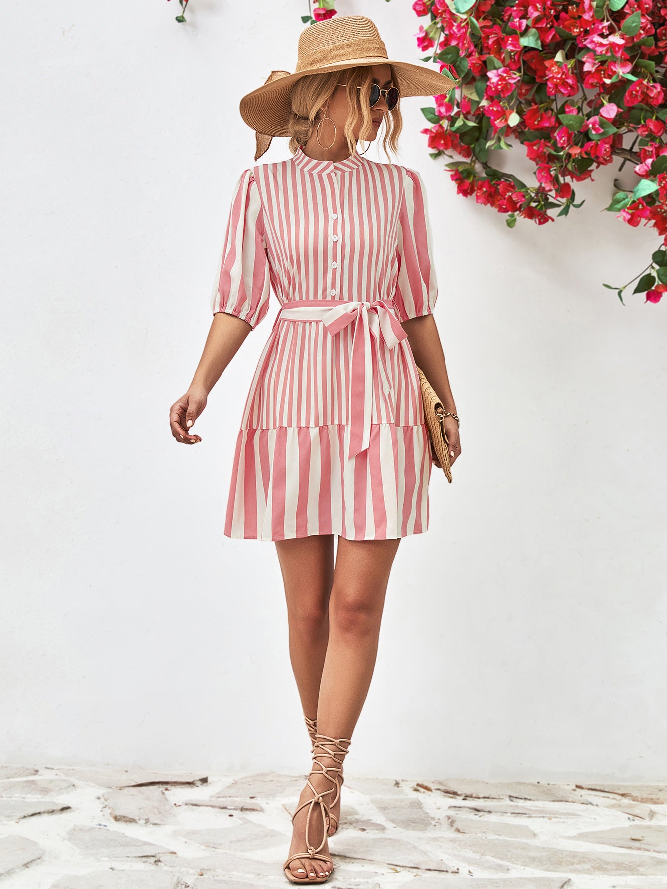 Striped Half Sleeve Tie Waist Mini Dress – Trendsi | ClozArt