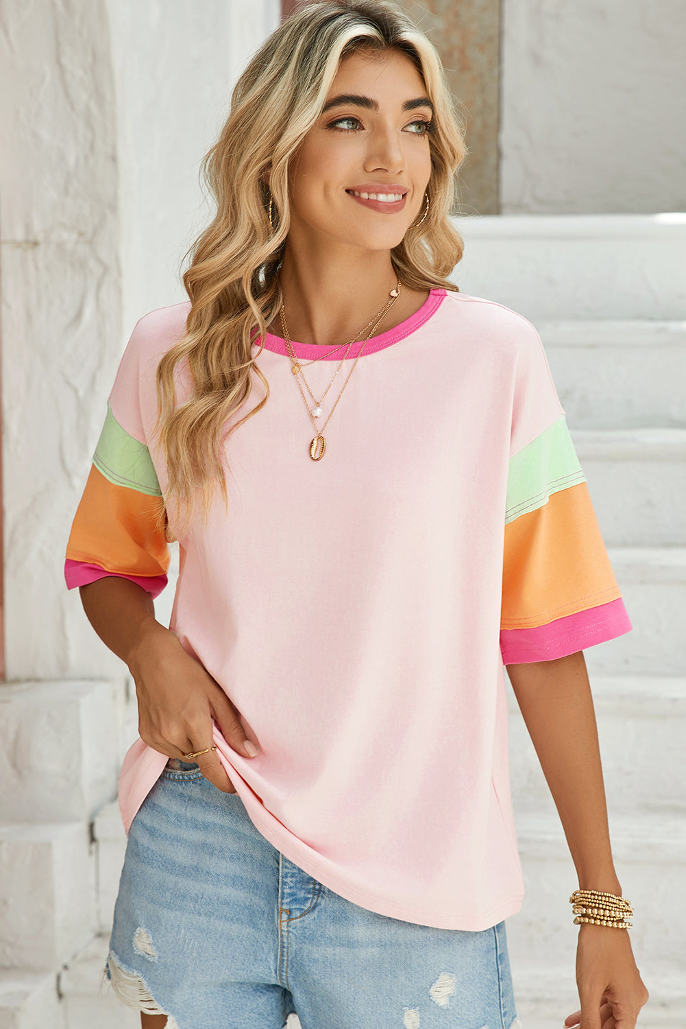 Pink Color Block Sleeve Round Neck Oversize Top – Shewin | ClozArt