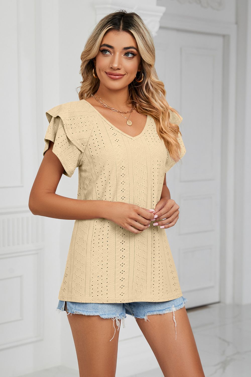 Eyelet Layered Flutter Sleeve V-Neck Knit Top – Trendsi | ClozArt