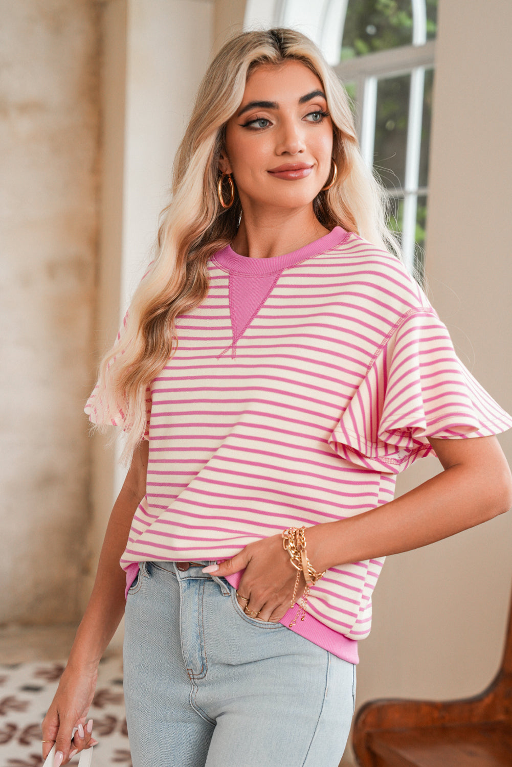 Sachet Pink Striped Ruffle Sleeve Round Neck Top – Shewin | ClozArt