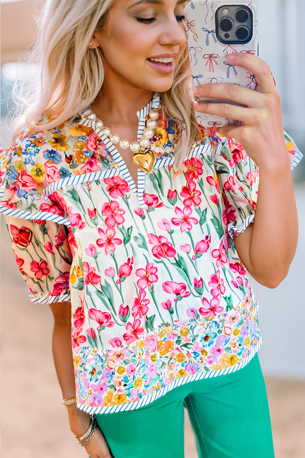 Pink Floral Print Striped Detail Split Neck Short Sleeve Blouse – Shewin | ClozArt