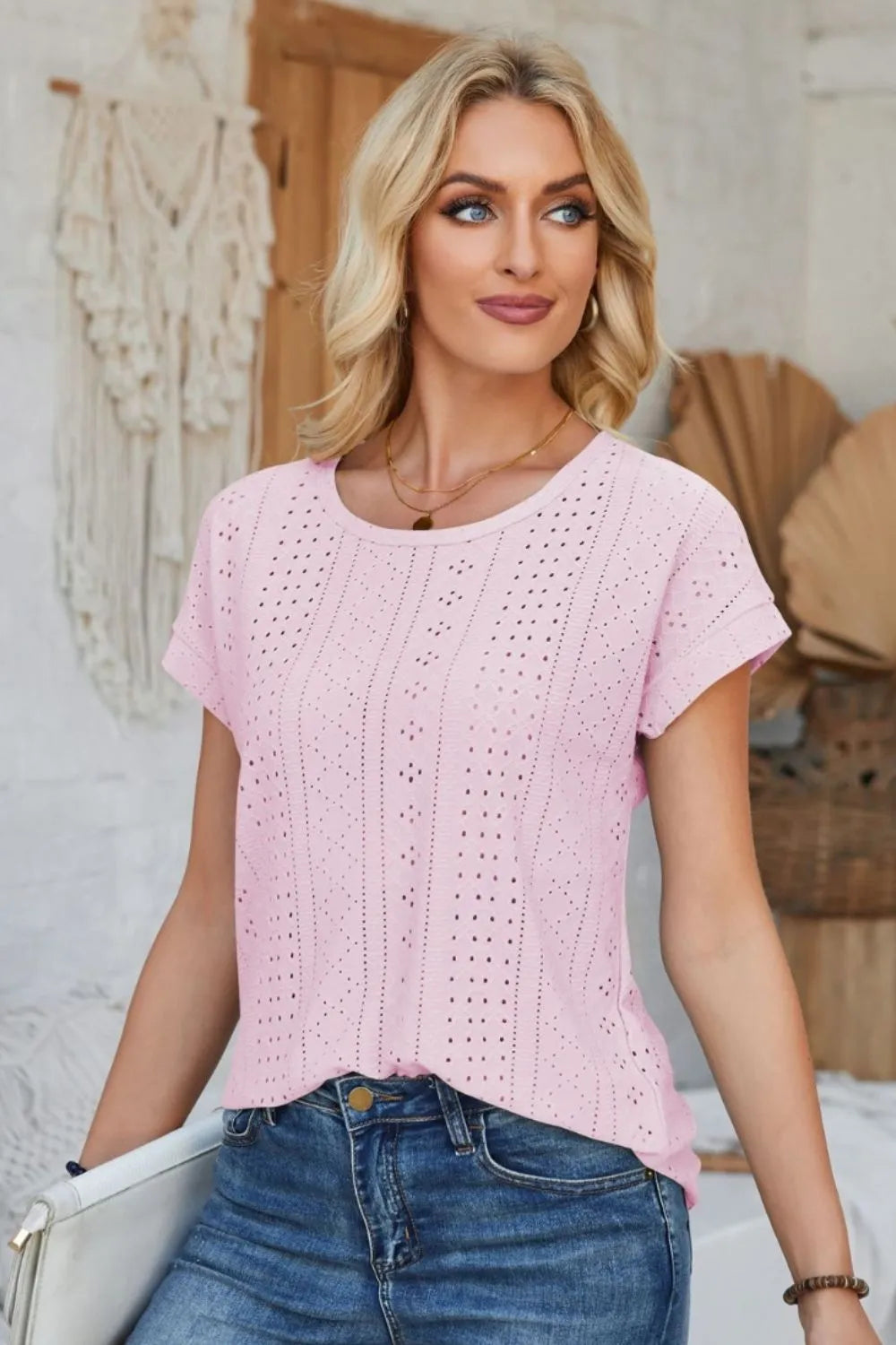 Eyelet Round Neck Rolled Short Sleeve T-Shirt – Trendsi | ClozArt