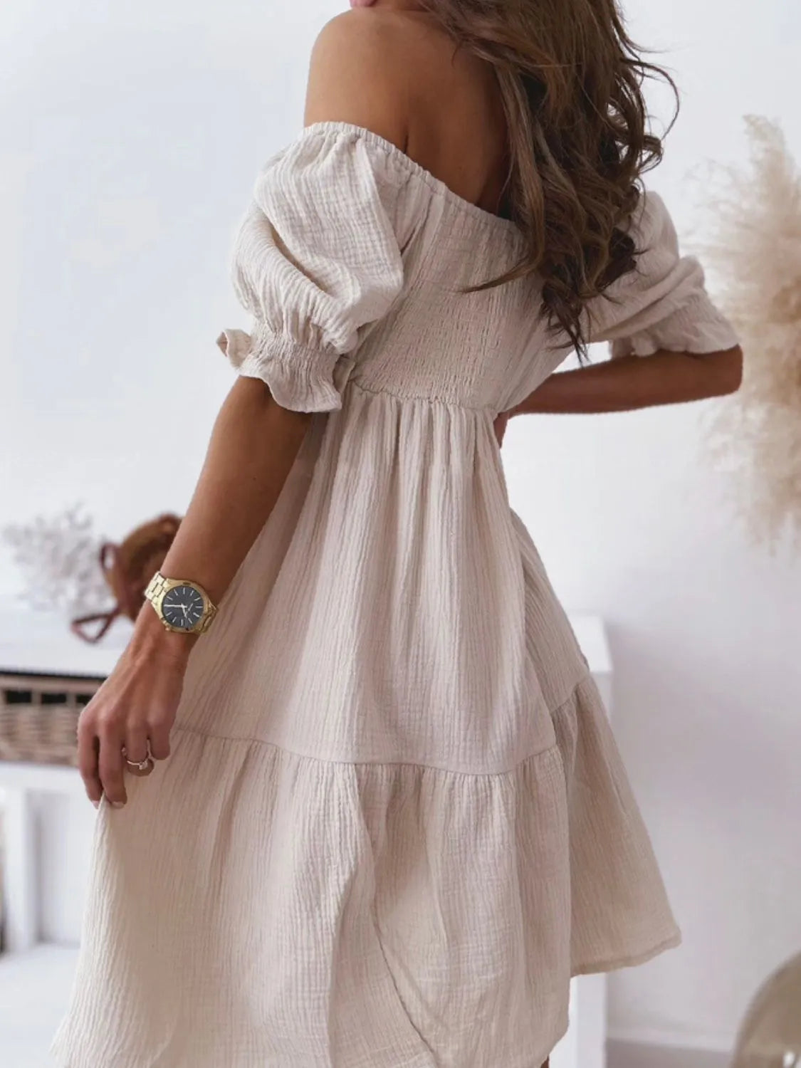 Smocked Off-Shoulder Mini Dress – Trendsi | ClozArt