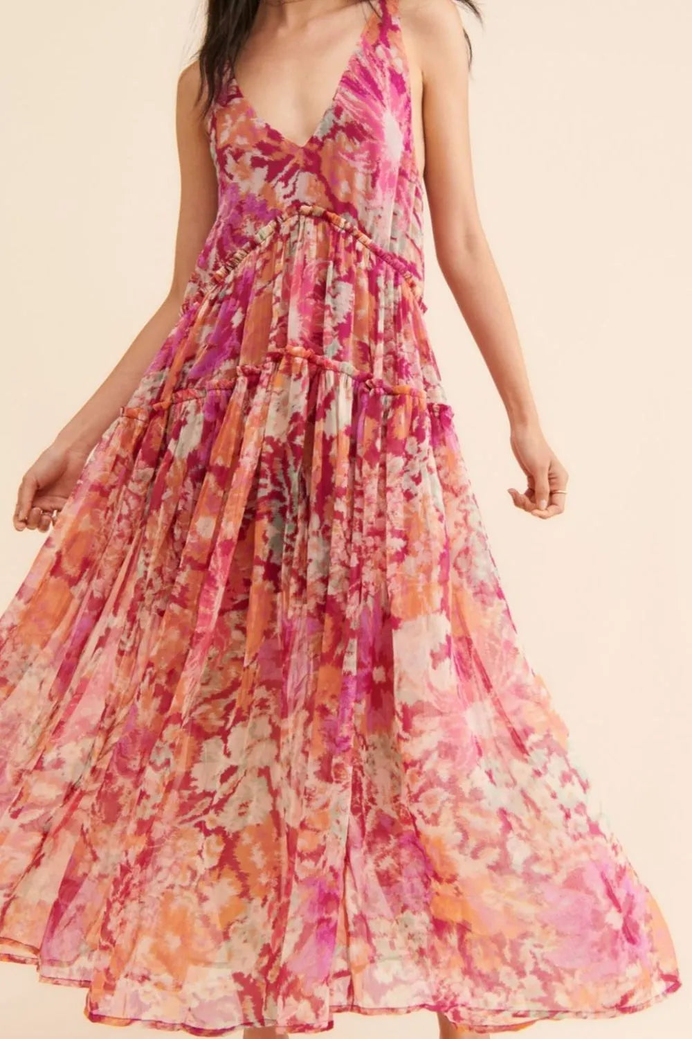 Frill Printed V-Neck Midi Dress – Trendsi | ClozArt