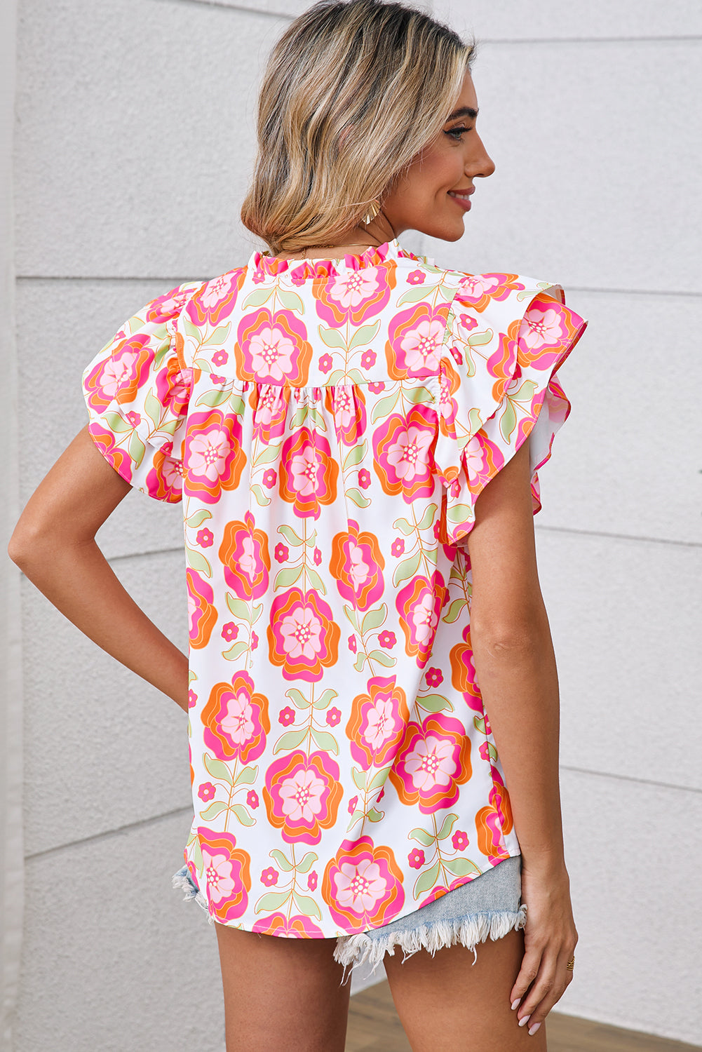 Rose Boho Floral Print Ricrac Ruffle Sleeve Blouse – Shewin | ClozArt
