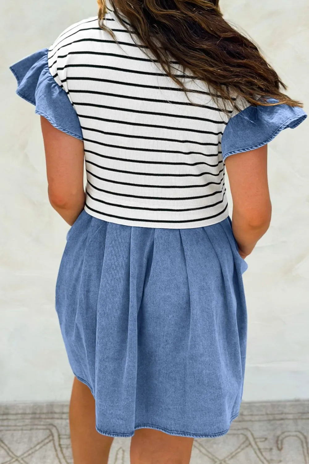 Stripe Ruffle Denim Patchwork Round Neck Mini Dress – Trendsi | ClozArt