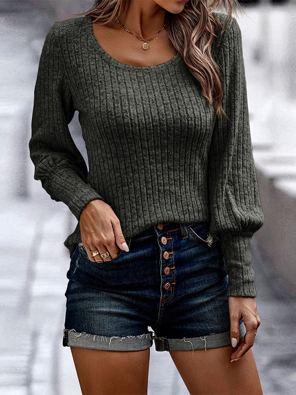 Shiny Ribbed Round Neck Long Sleeve Blouse – Trendsi | ClozArt
