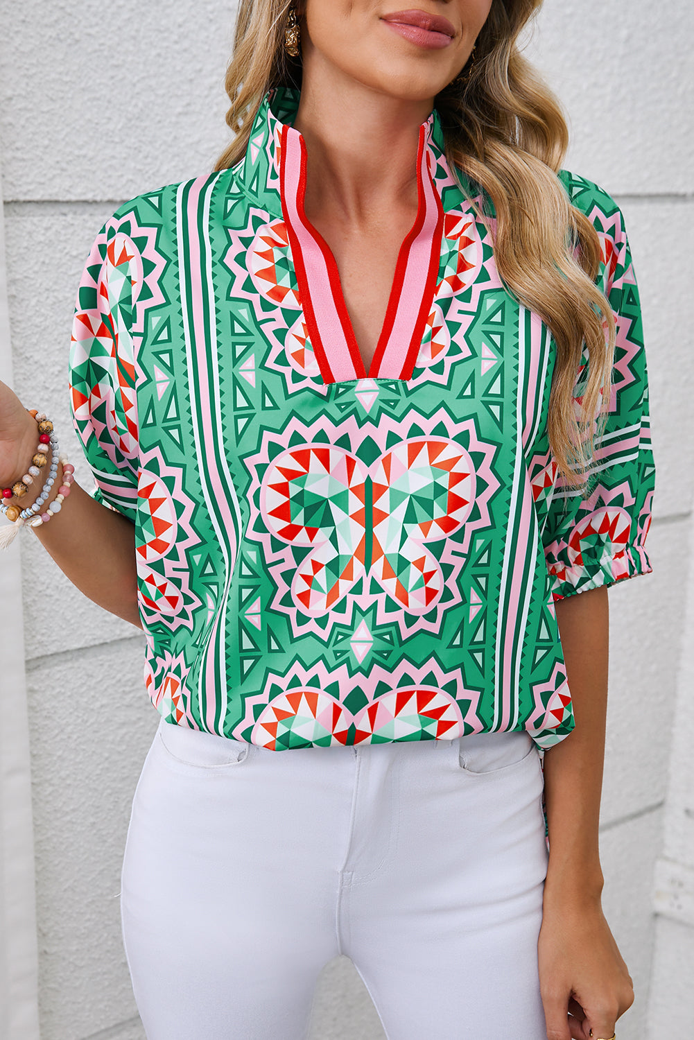Sea Green Boho Geometric Print Pop of Color Neckline Blouse – Shewin | ClozArt