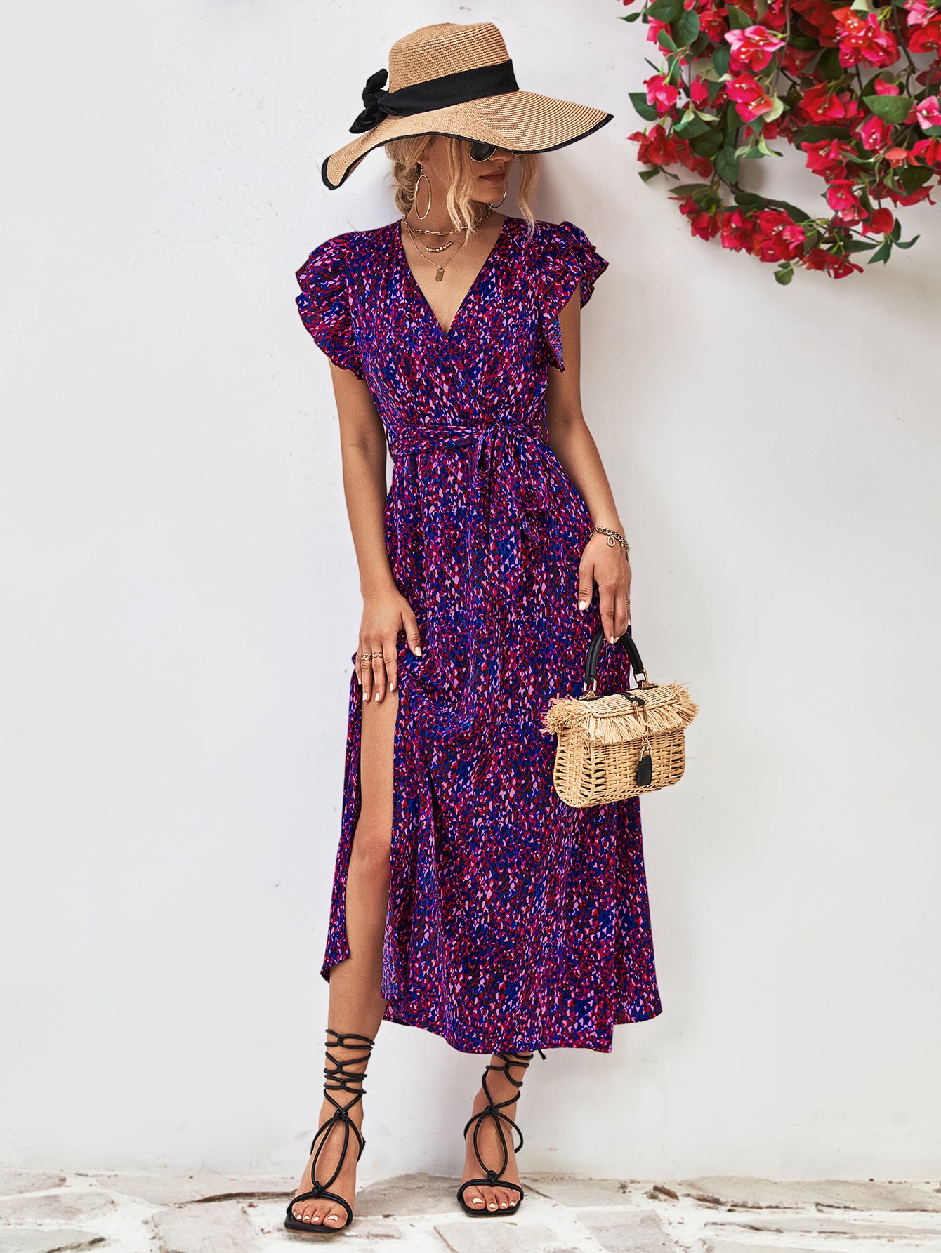 Printed Surplice Neck Flutter Sleeve Slit Dress – Trendsi | ClozArt