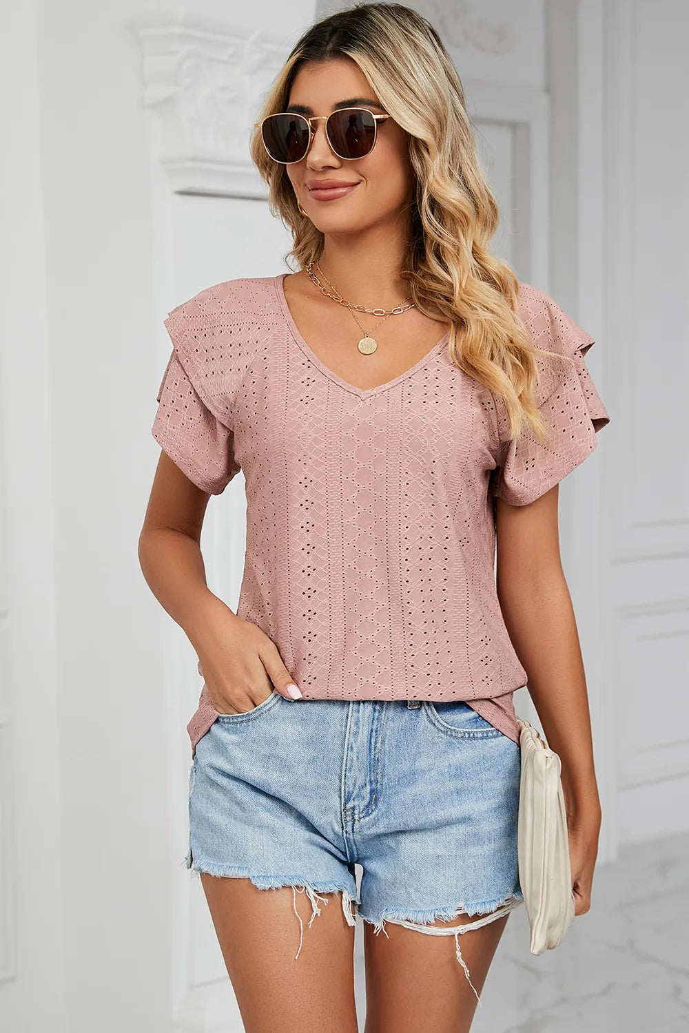 Eyelet V-Neck Short Sleeve T-Shirt – Trendsi | ClozArt