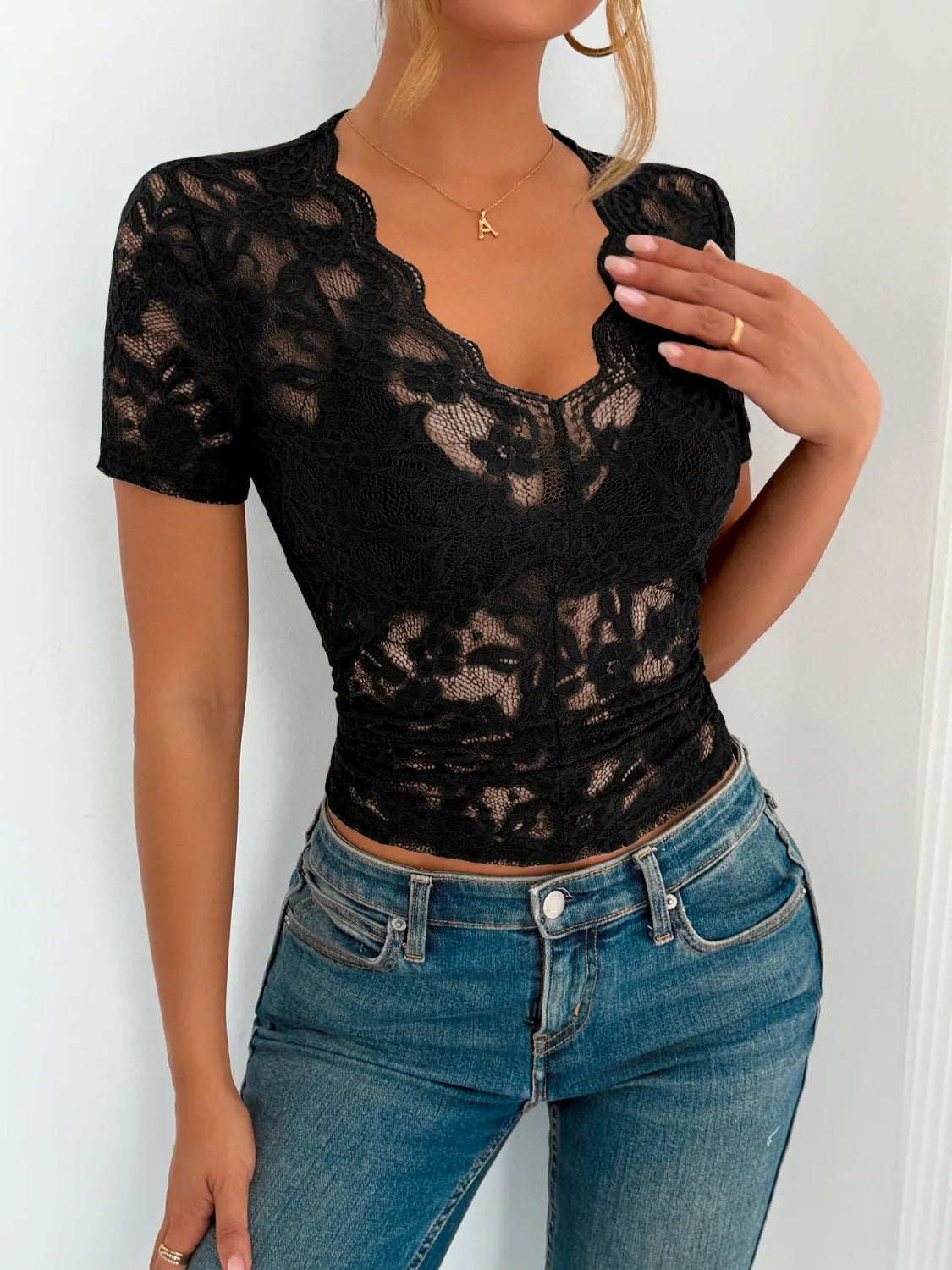 Lace V-Neck Short Sleeve Top – Trendsi | ClozArt