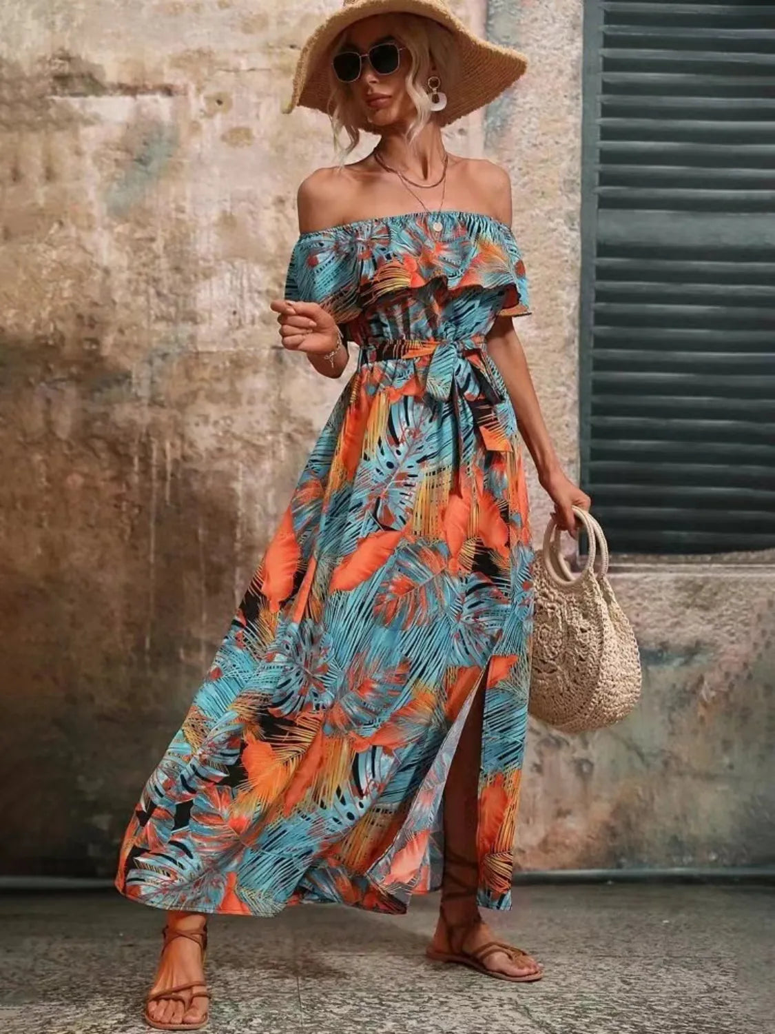 Ruffled Printed Off Shoulder Maxi Dress – Trendsi | ClozArt