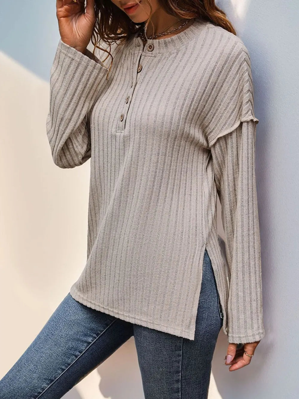 Perfee Slit Half Button Long Sleeve T-Shirt – Trendsi | ClozArt