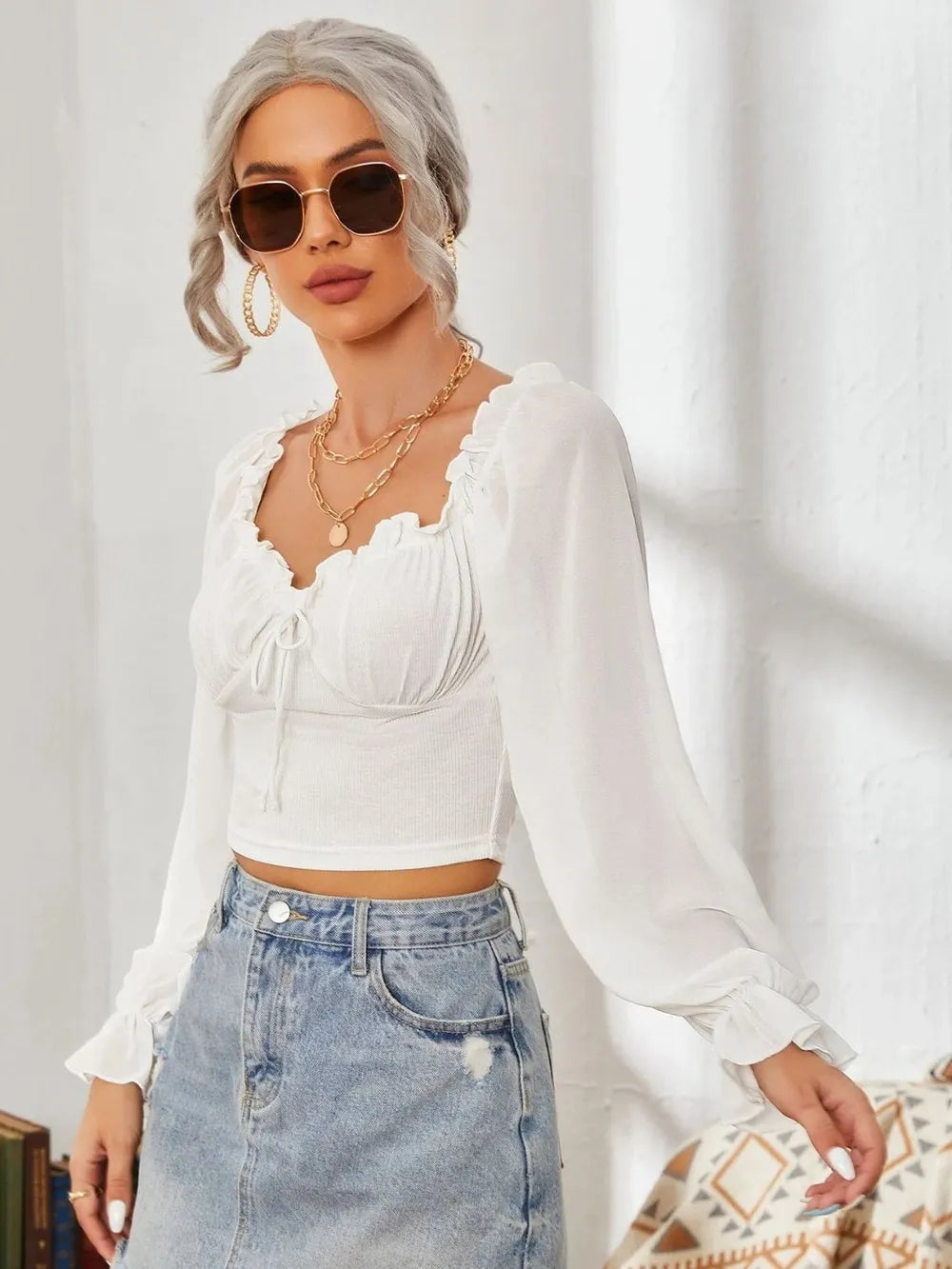 Mesh Sweetheart Neck Flounce Sleeve Top – Trendsi | ClozArt