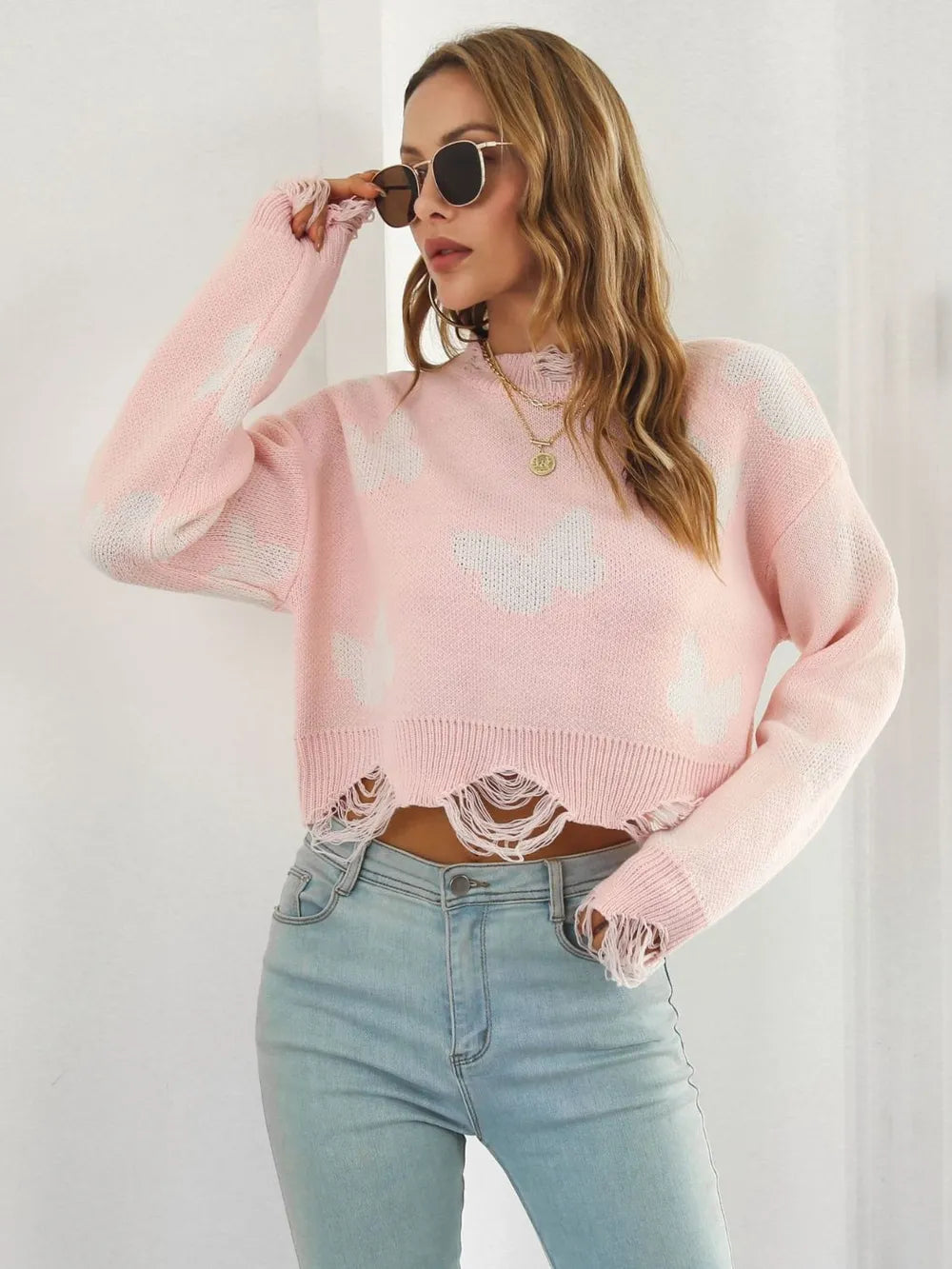 Distressed Butterfly Cropped Sweater – Trendsi | ClozArt