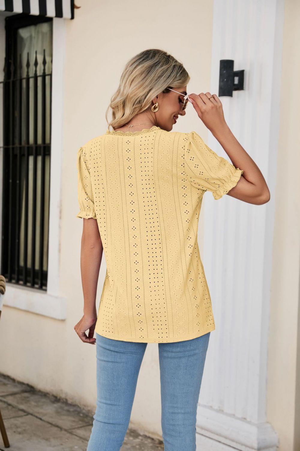 Eyelet Flounce Sleeve Scalloped V-Neck Top – Trendsi | ClozArt